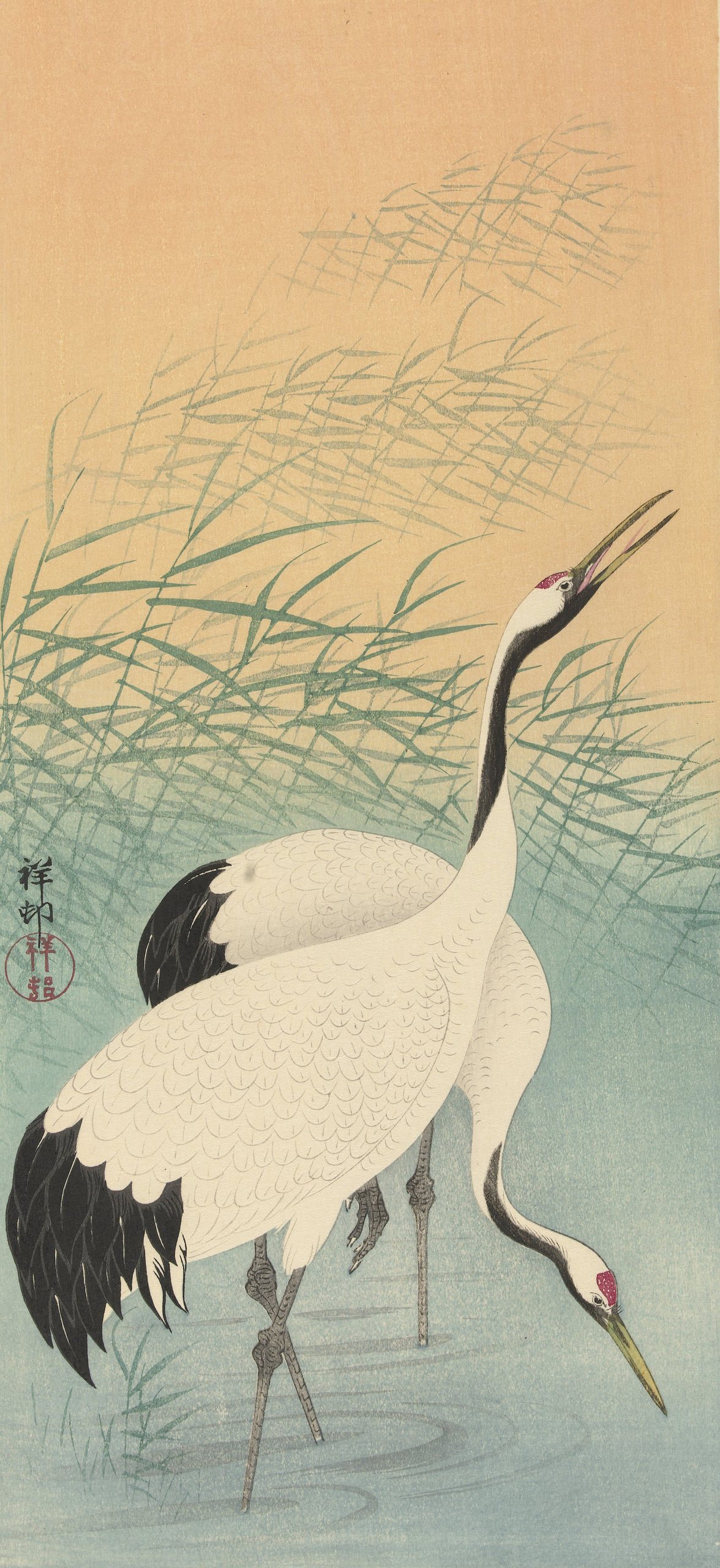 《两台起重机》（Two cranes）｜小原古邨 Ohara Koson｜1925-1936