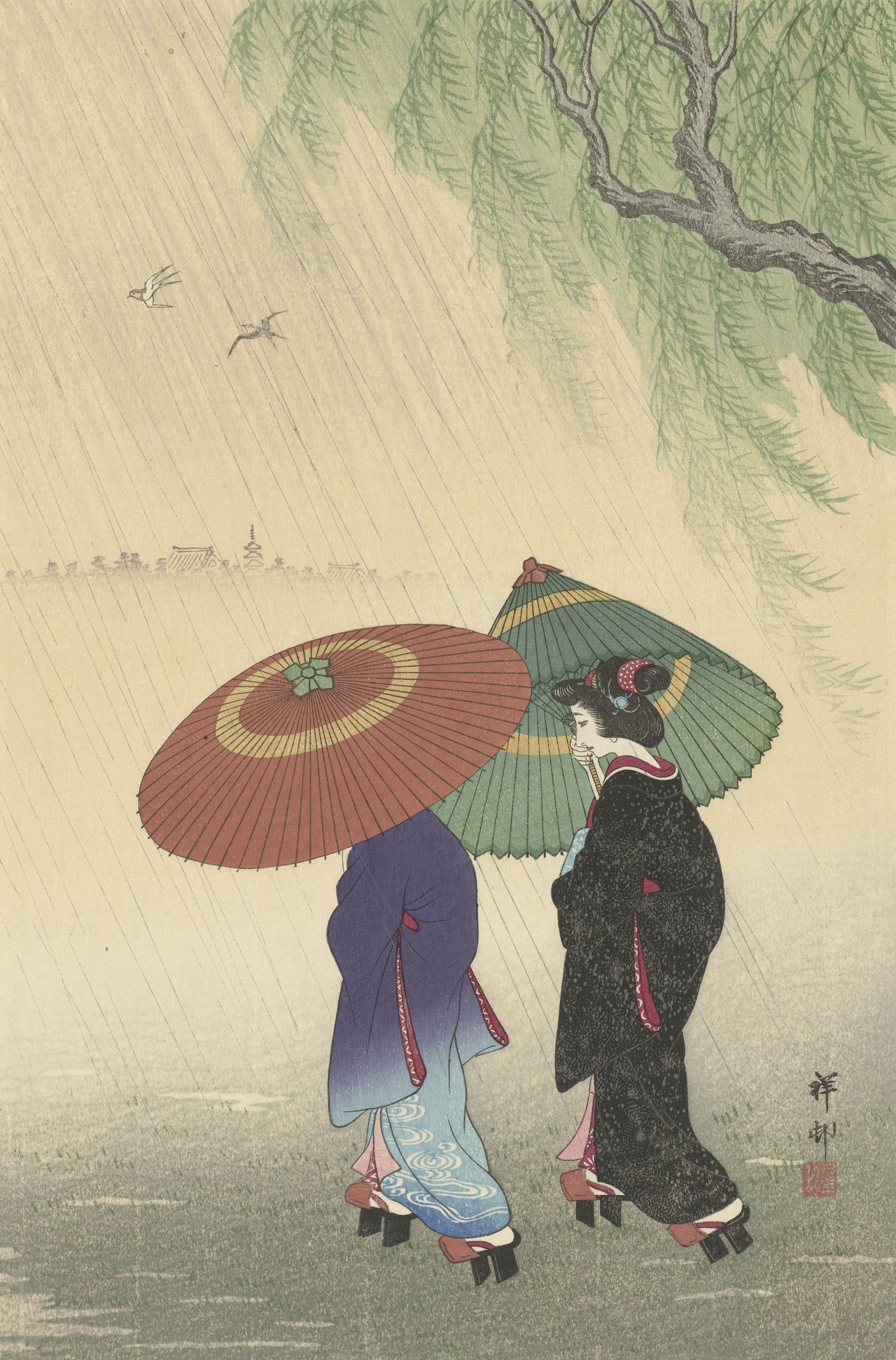 《雨中的两个女人》（Two women in the rain）｜小原古邨 Ohara Koson｜不明
