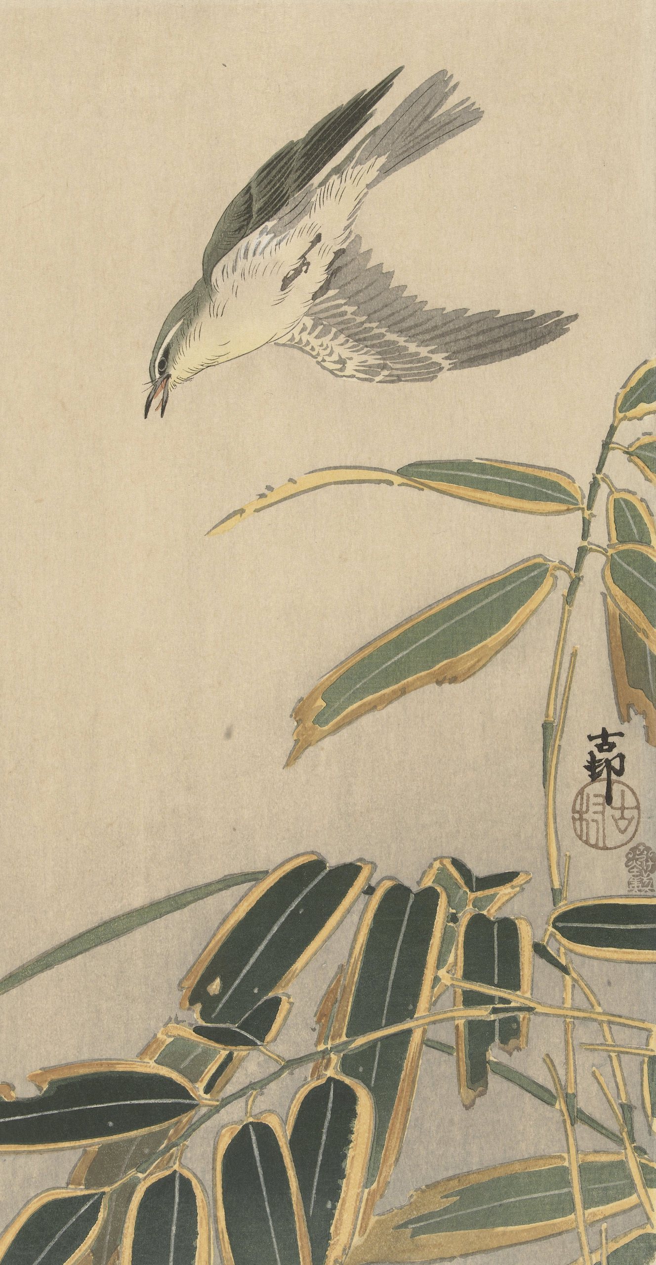 《麦穗与竹子》（Wheatear with bamboo）｜小原古邨 Ohara Koson｜1900-1910