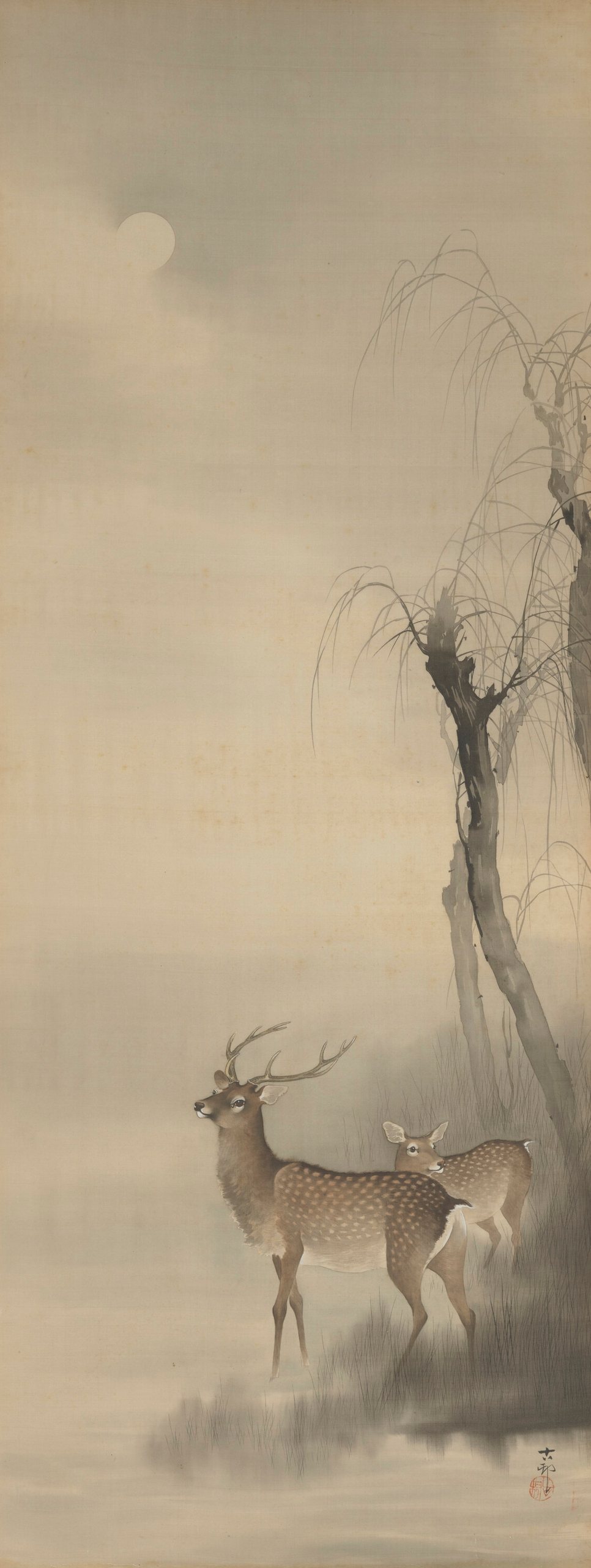 《月下鹿》（Deer Under the Moon）｜小原古邨 Ohara Koson｜不明
