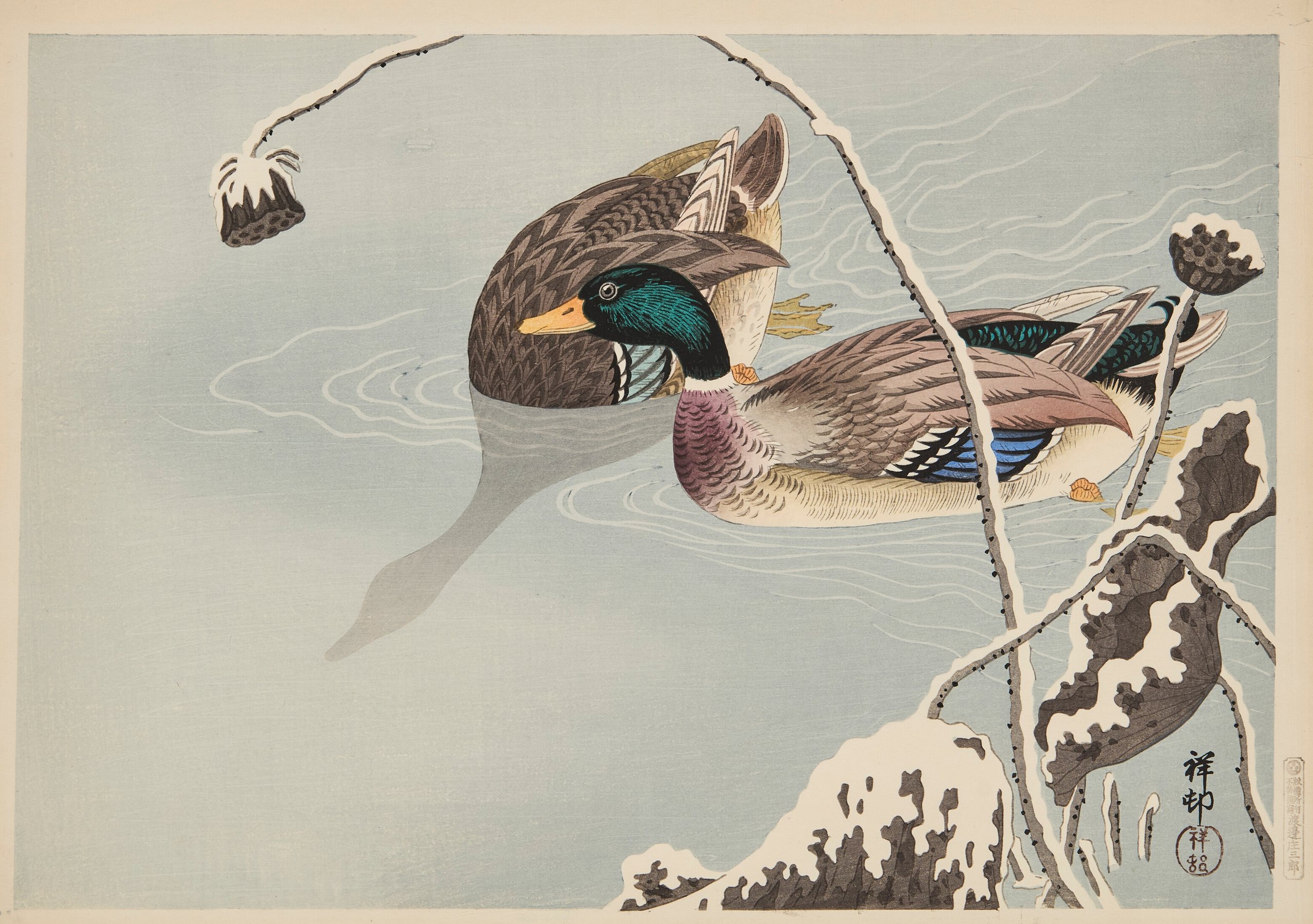 《雪下的野鸭和莲花》（Mallards and lotus under snow）｜小原古邨 Ohara Koson｜约 1936