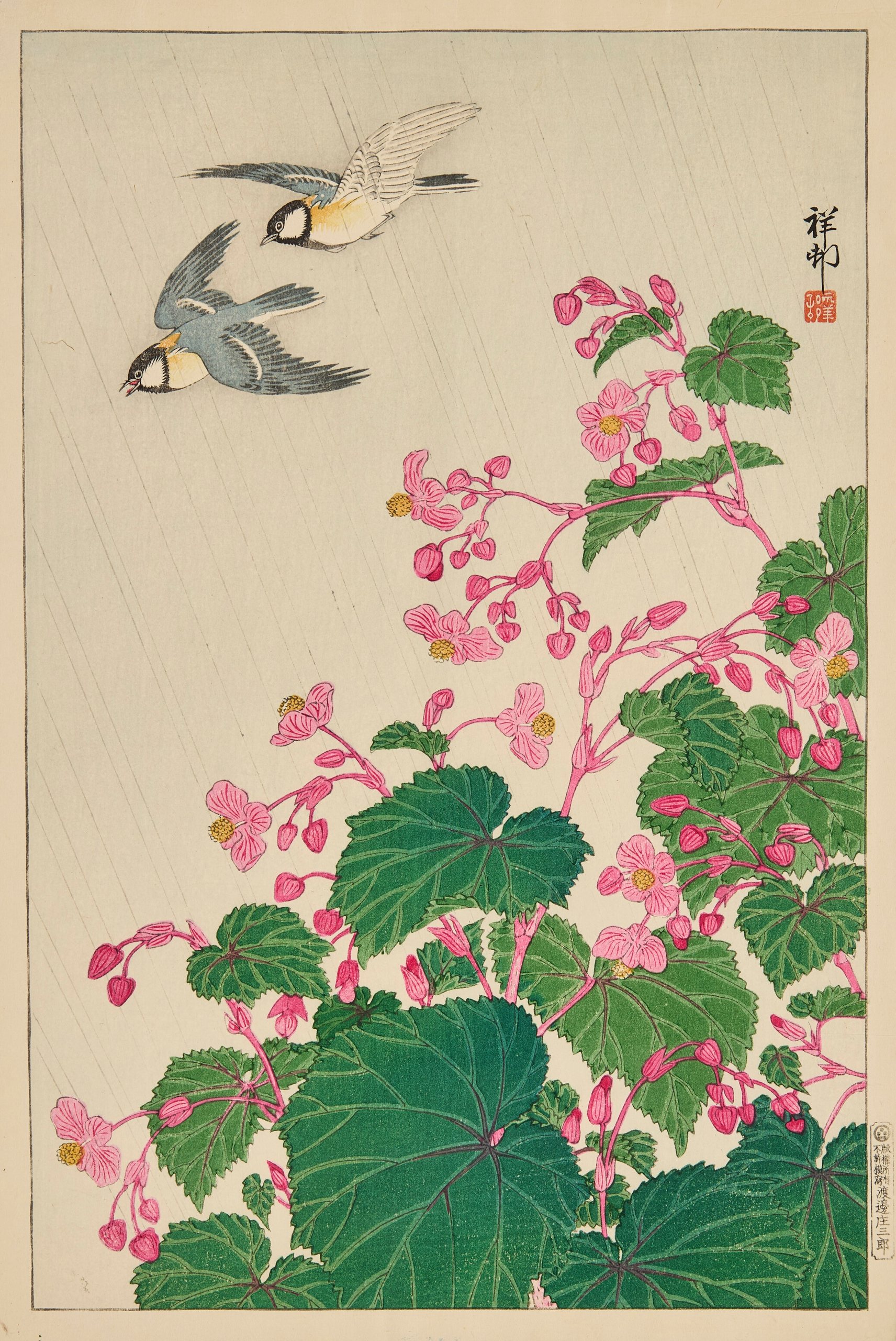 《两只满洲大山雀在海棠上空飞行》（Two manchurian great tits in flight above begonia）｜小原古邨 Ohara Koson｜约 1929