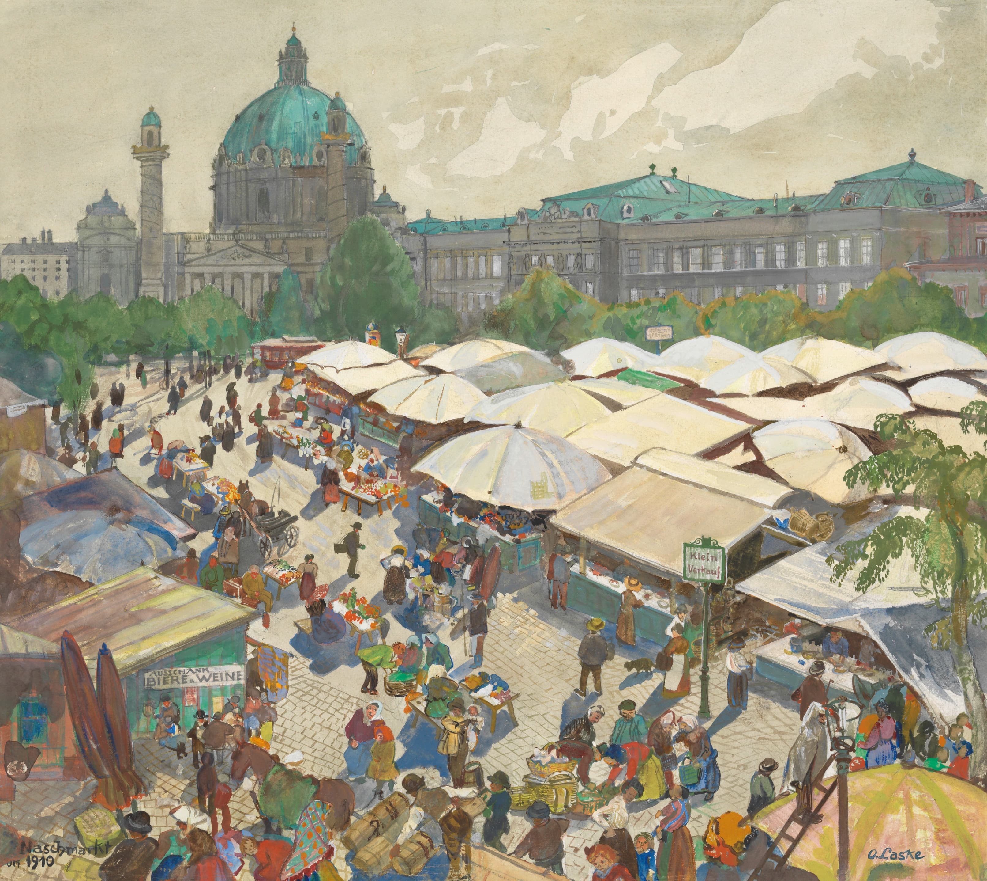 《卡尔教堂前的老纳旭市场（约1910年）》（The old Naschmarkt with the Karlskirche around 1910）｜奥斯卡·拉斯克 Oskar Laske｜1922