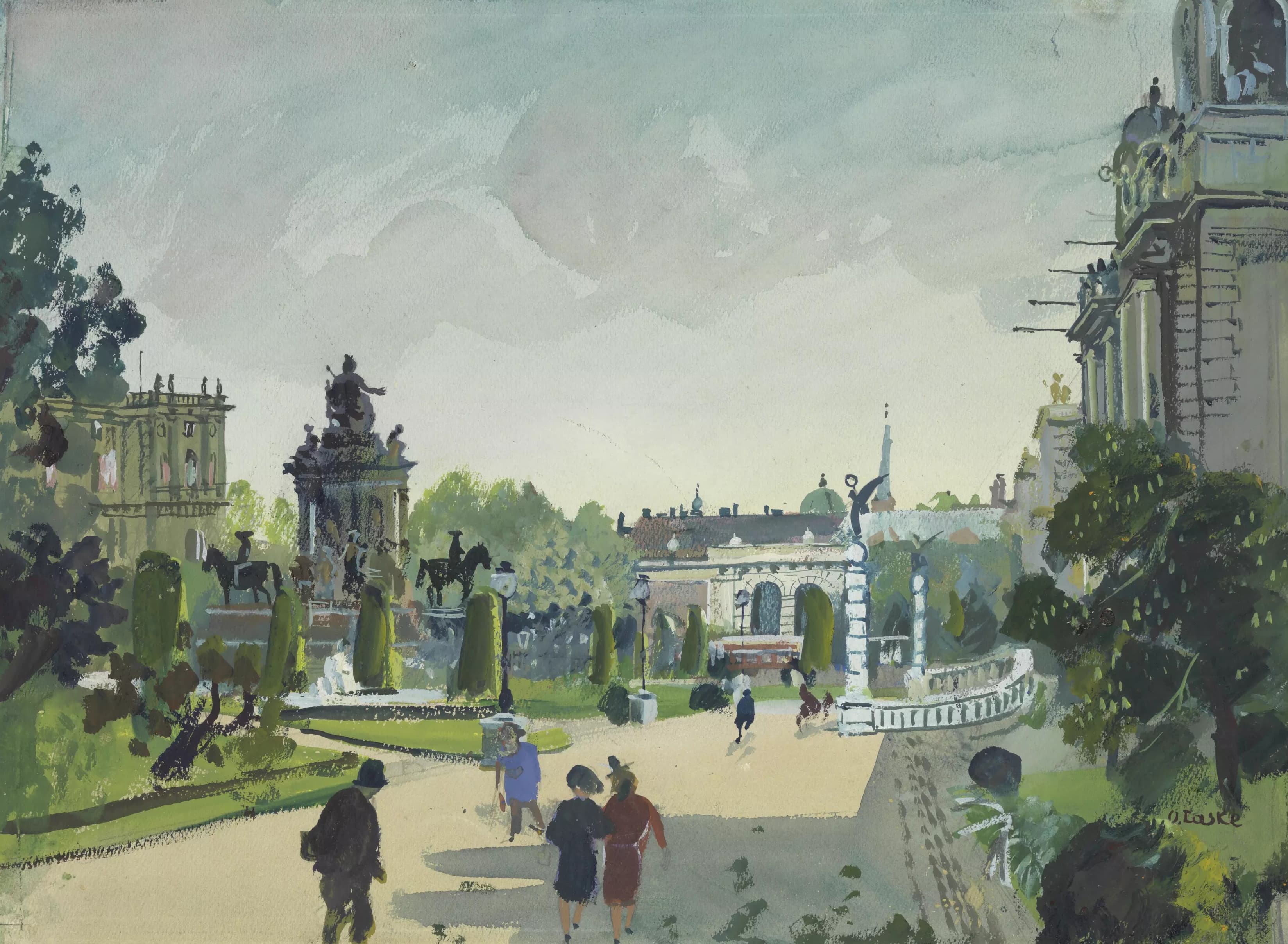 《玛丽亚·特蕾莎纪念碑，可欣赏城堡大门》（Maria Theresa monument with a view of the castle gate）｜奥斯卡·拉斯克 Oskar Laske｜1940