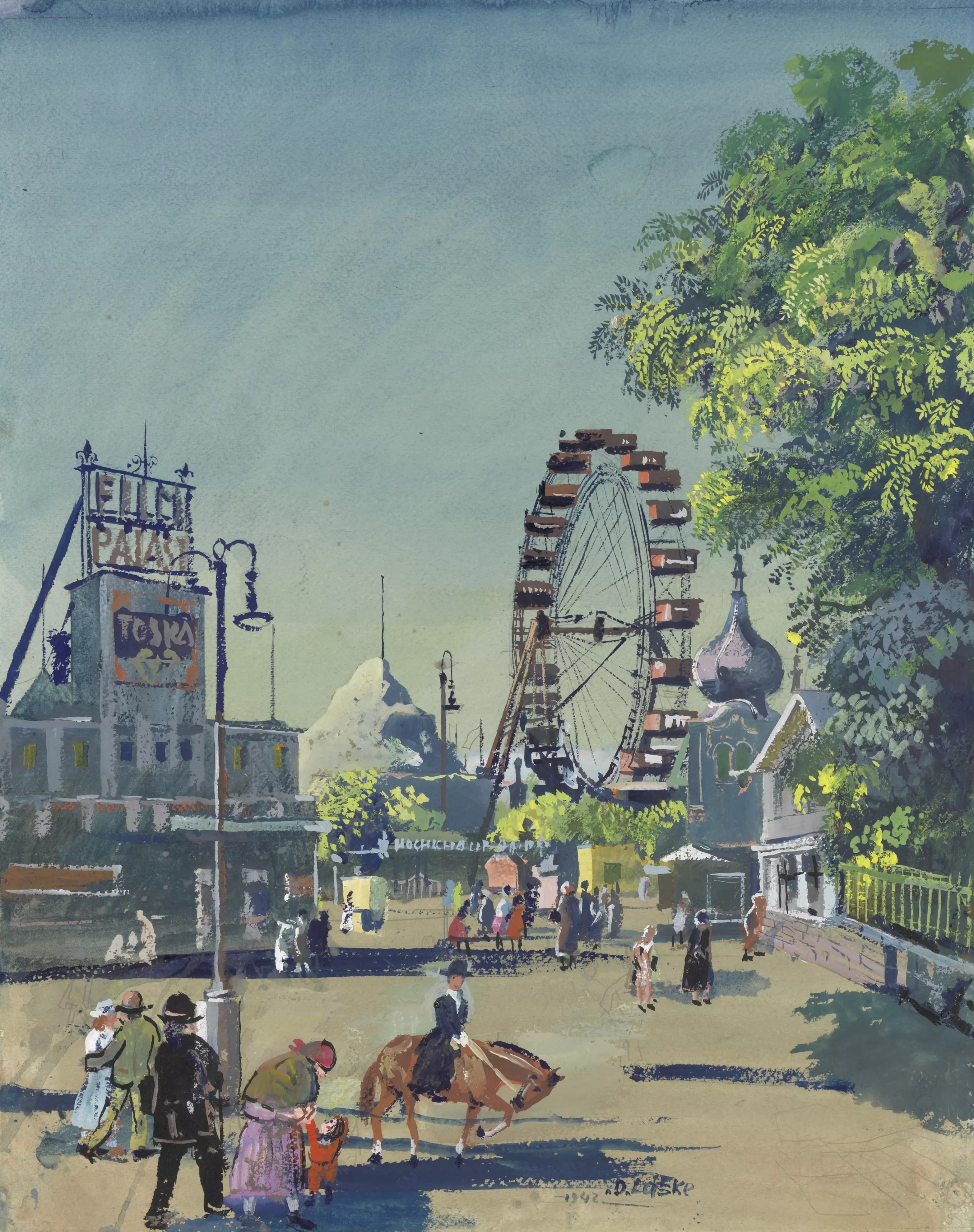 《位于普拉特 (Prater) 附近的 Hochschaubahn、摩天轮和电影宫》（In the Prater near the Hochschaubahn, Ferris wheel and film palace）｜奥斯卡·拉斯克 Oskar Laske｜1942