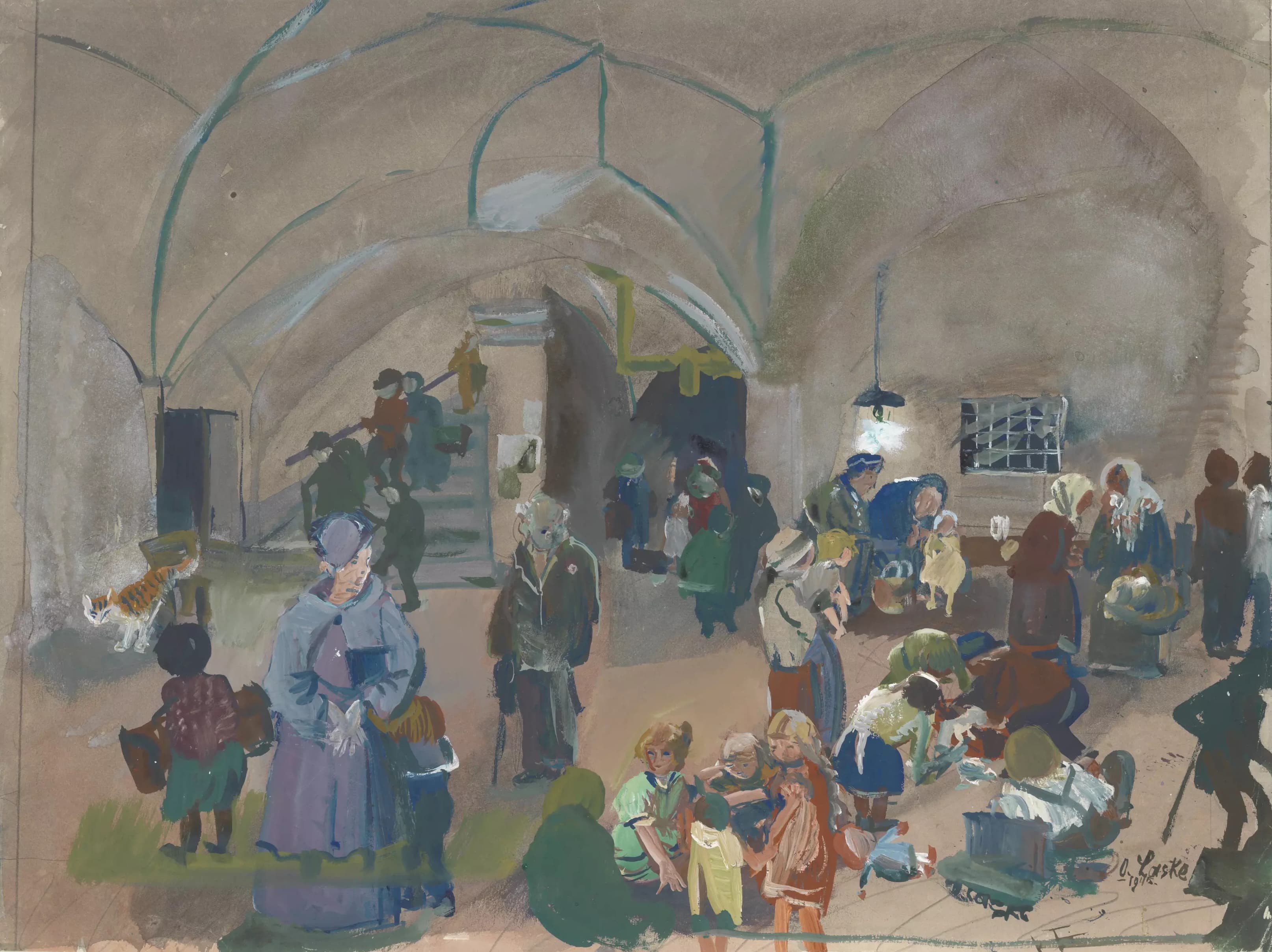 《防空洞内的场景》（Scene in an air raid shelter）｜奥斯卡·拉斯克 Oskar Laske｜1945
