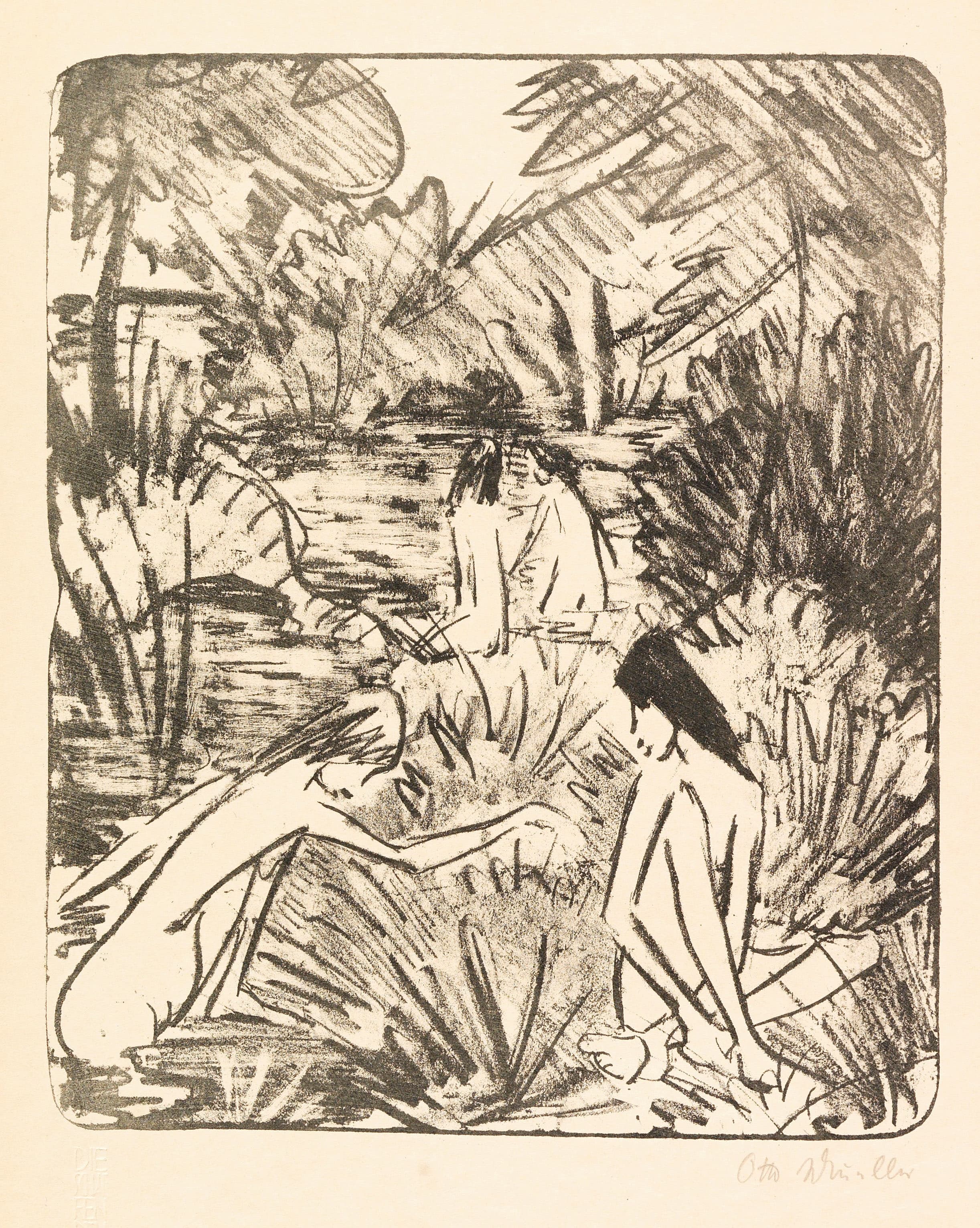 《森林湖三浴一坐女孩2》（Forest lake with three bathing and one sitting girls 2）｜奥托·穆勒 Otto Mueller｜1918