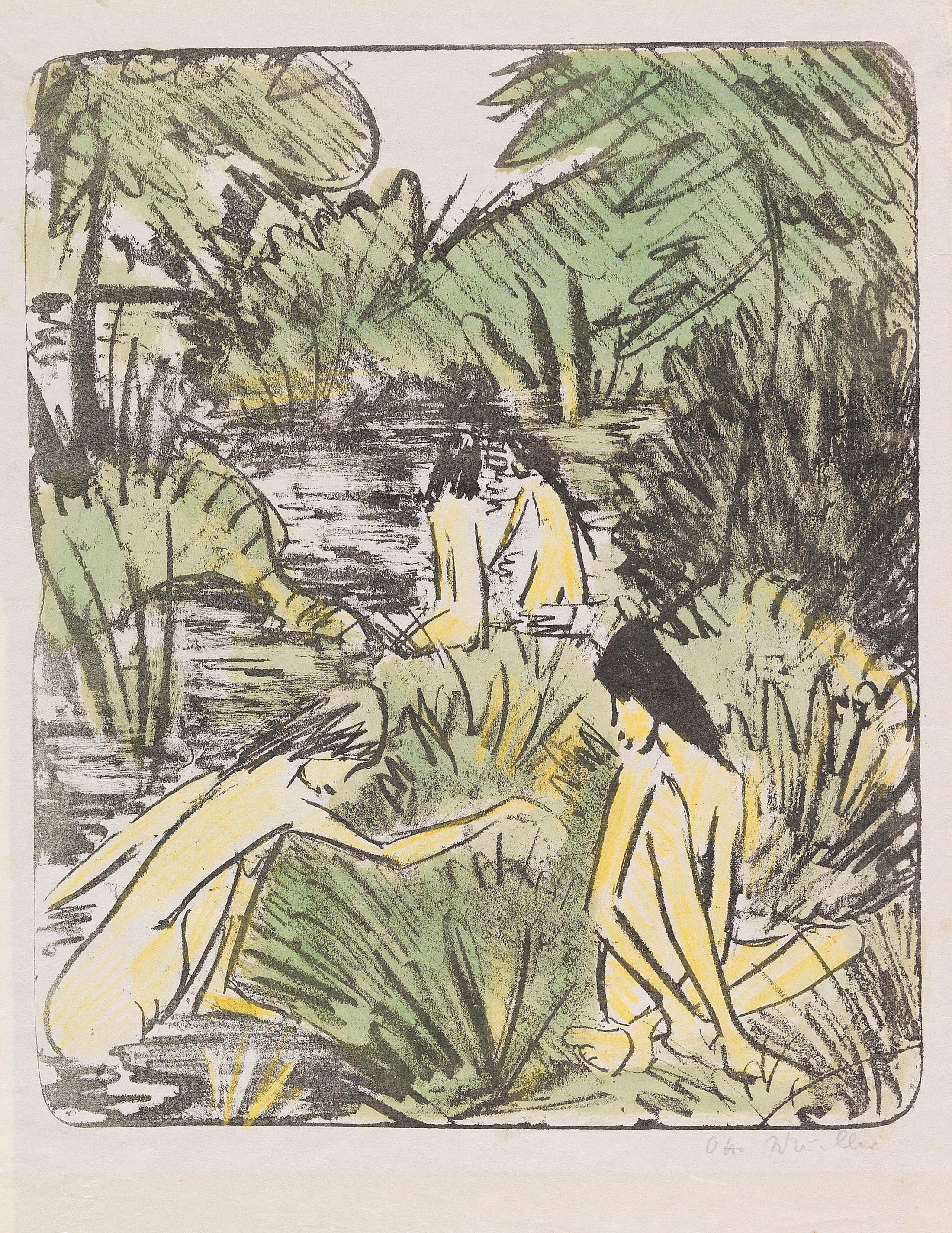 《森林湖三浴一坐女孩2》（Forest lake with three bathing and one sitting girls 2）｜奥托·穆勒 Otto Mueller｜1918