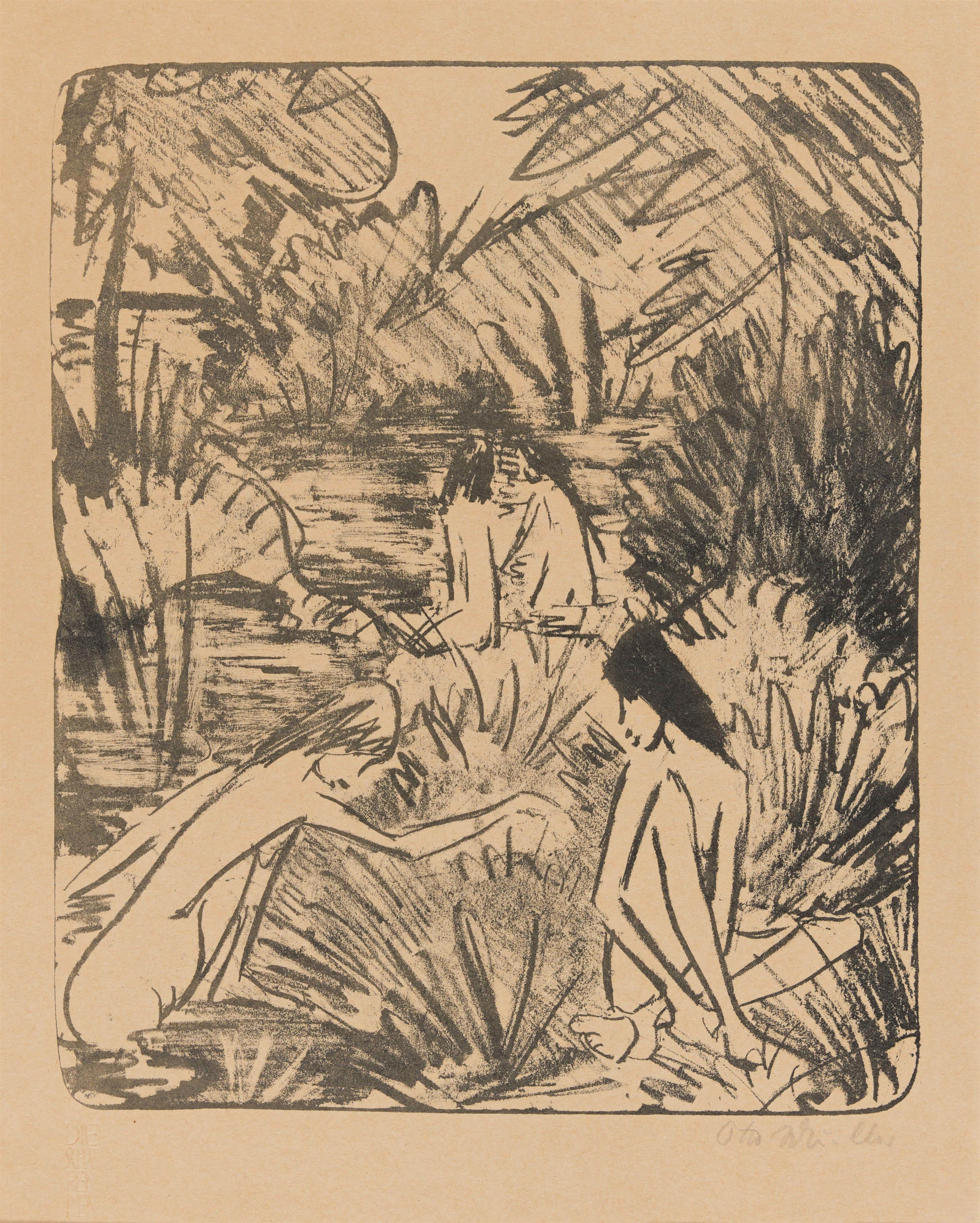 《森林湖三浴一坐女孩2》（Forest lake with three bathing and one sitting girls 2）｜奥托·穆勒 Otto Mueller｜1918