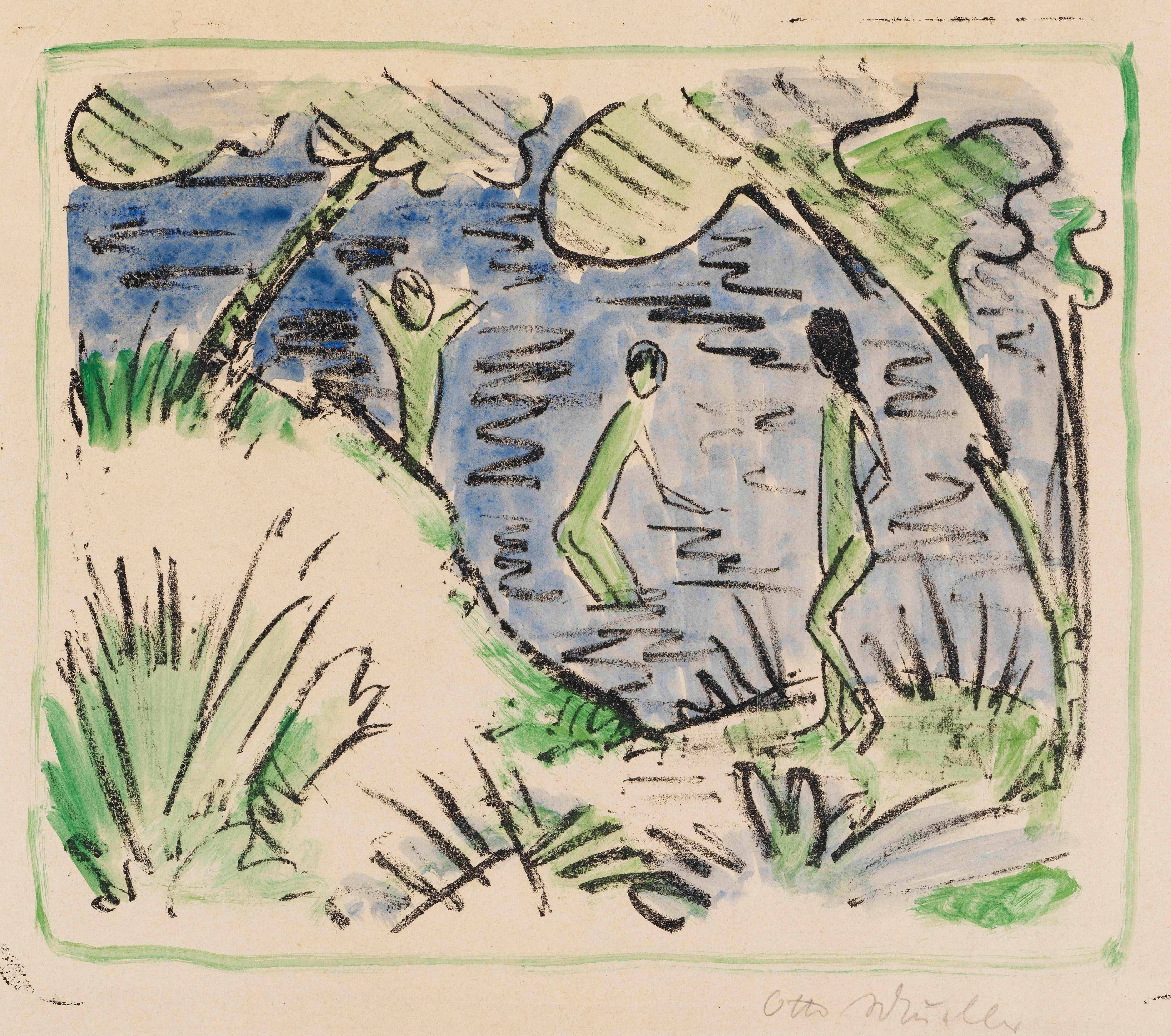 《两个男孩在水中，一个女孩在岸上》（Two boys in the water and a girl on the bank）｜奥托·穆勒 Otto Mueller｜1918