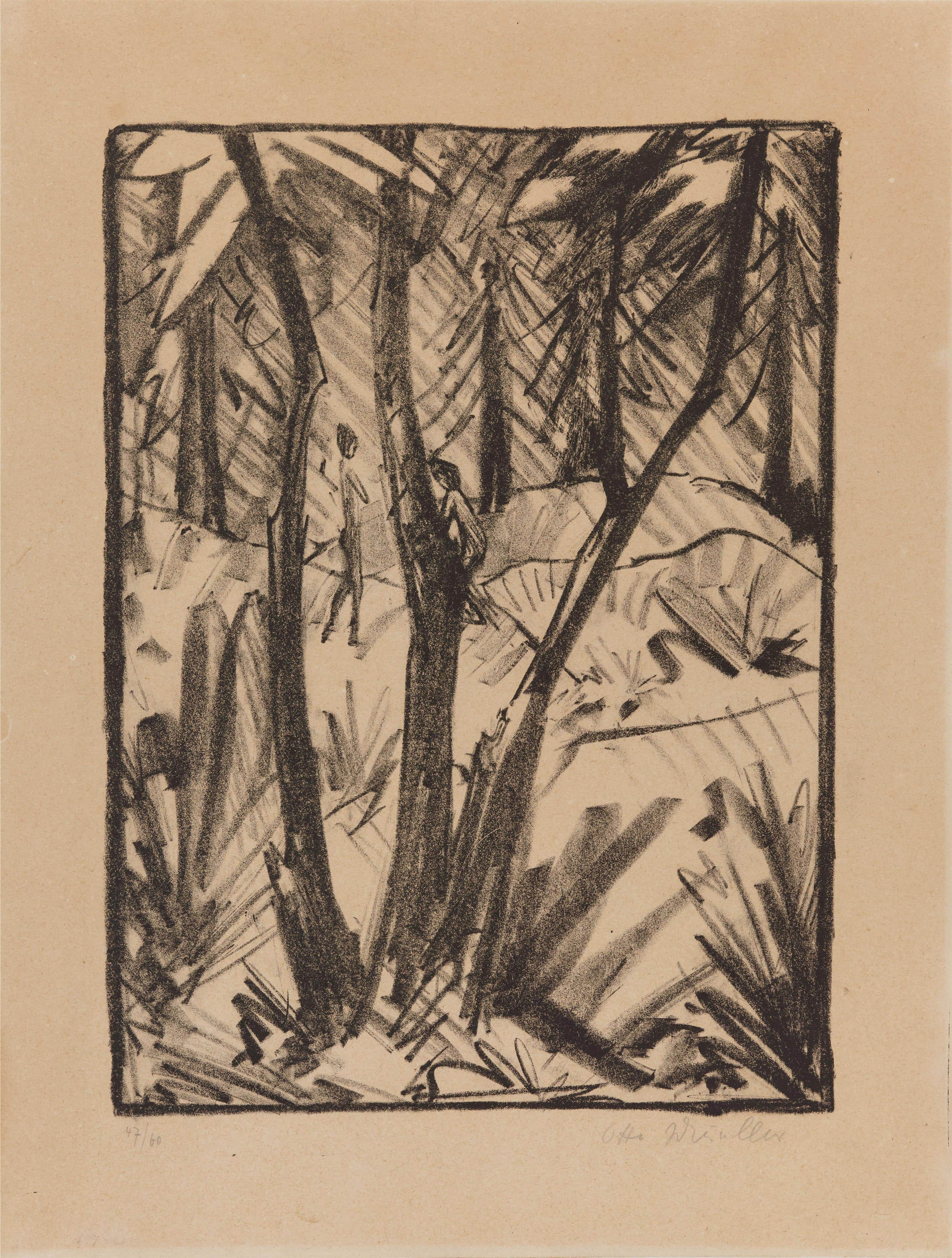《森林风景小人物2》（Forest landscape with small figures 2）｜奥托·穆勒 Otto Mueller｜1919
