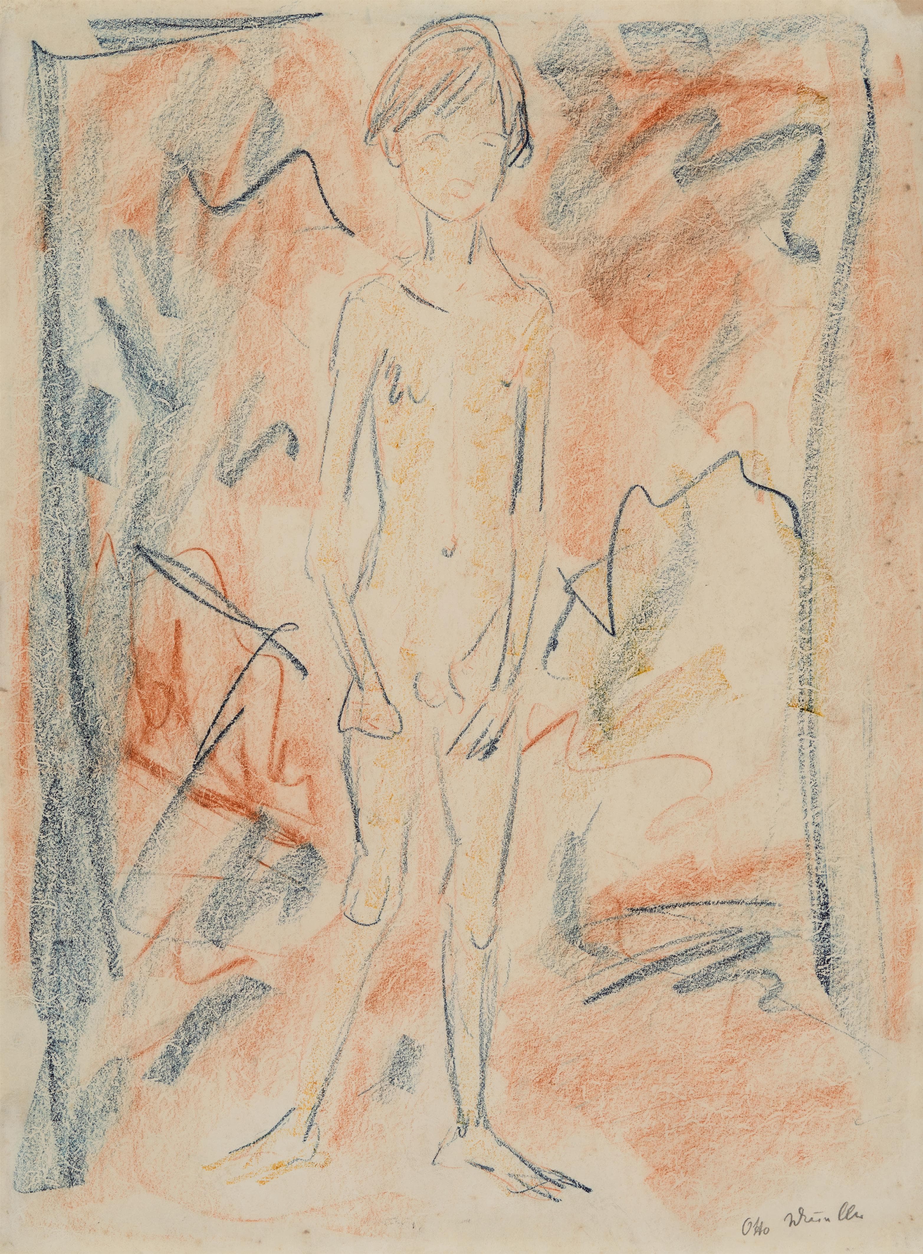 《赤身裸体的男孩站在前面，双臂下垂》（Standing naked boy from the front with his arms hanging down）｜奥托·穆勒 Otto Mueller｜1919
