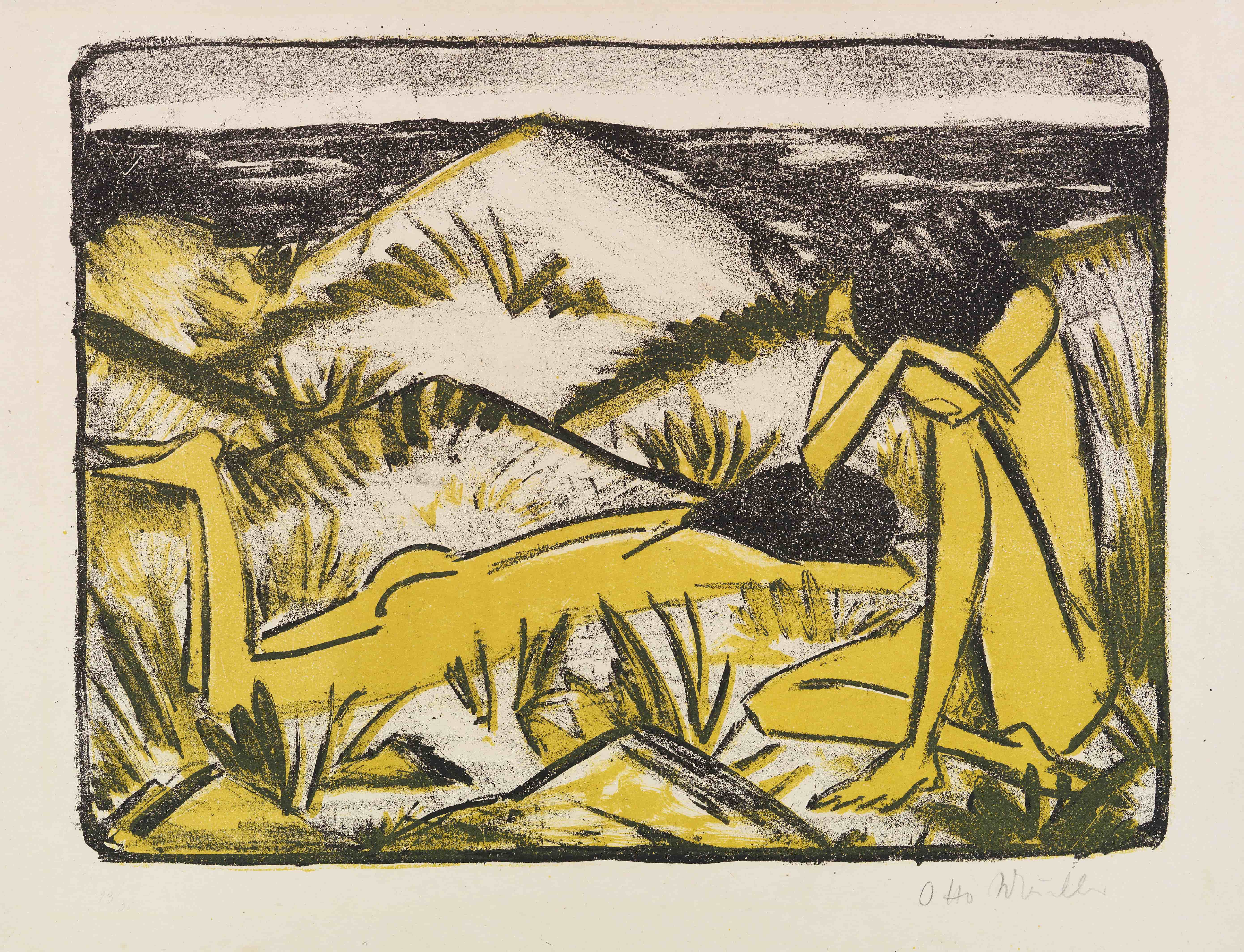《一个女孩坐着，一个女孩躺在沙丘中（沙丘中的两个女孩，叙尔特岛）》（A girl sitting and a girl lying down in the dunes (Two girls in the dunes, Sylt)）｜奥托·穆勒 Otto Mueller｜1920–1924