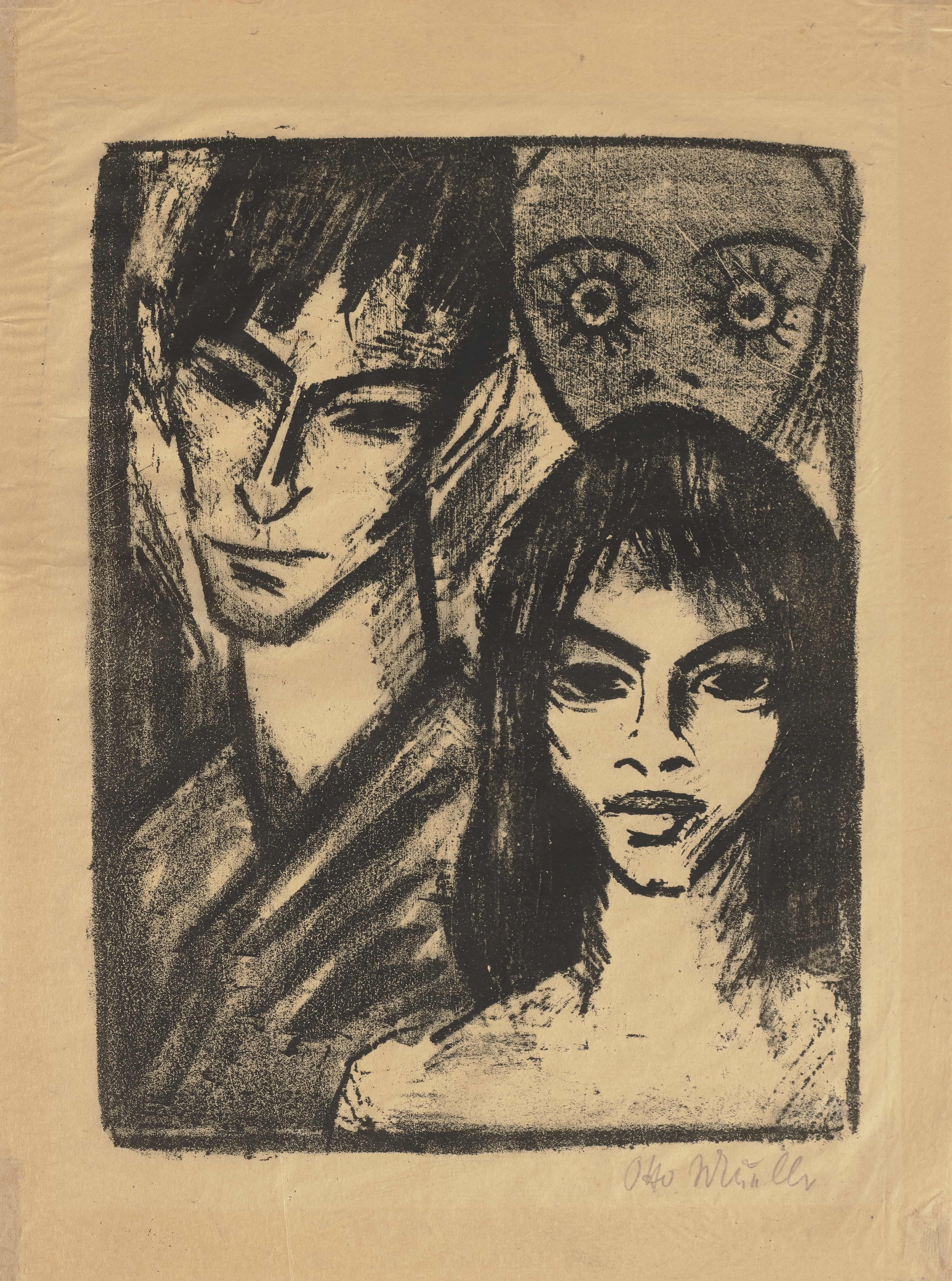 《带模特和面具的自画像》（Self-portrait with model and mask）｜奥托·穆勒 Otto Mueller｜1921 – 1922