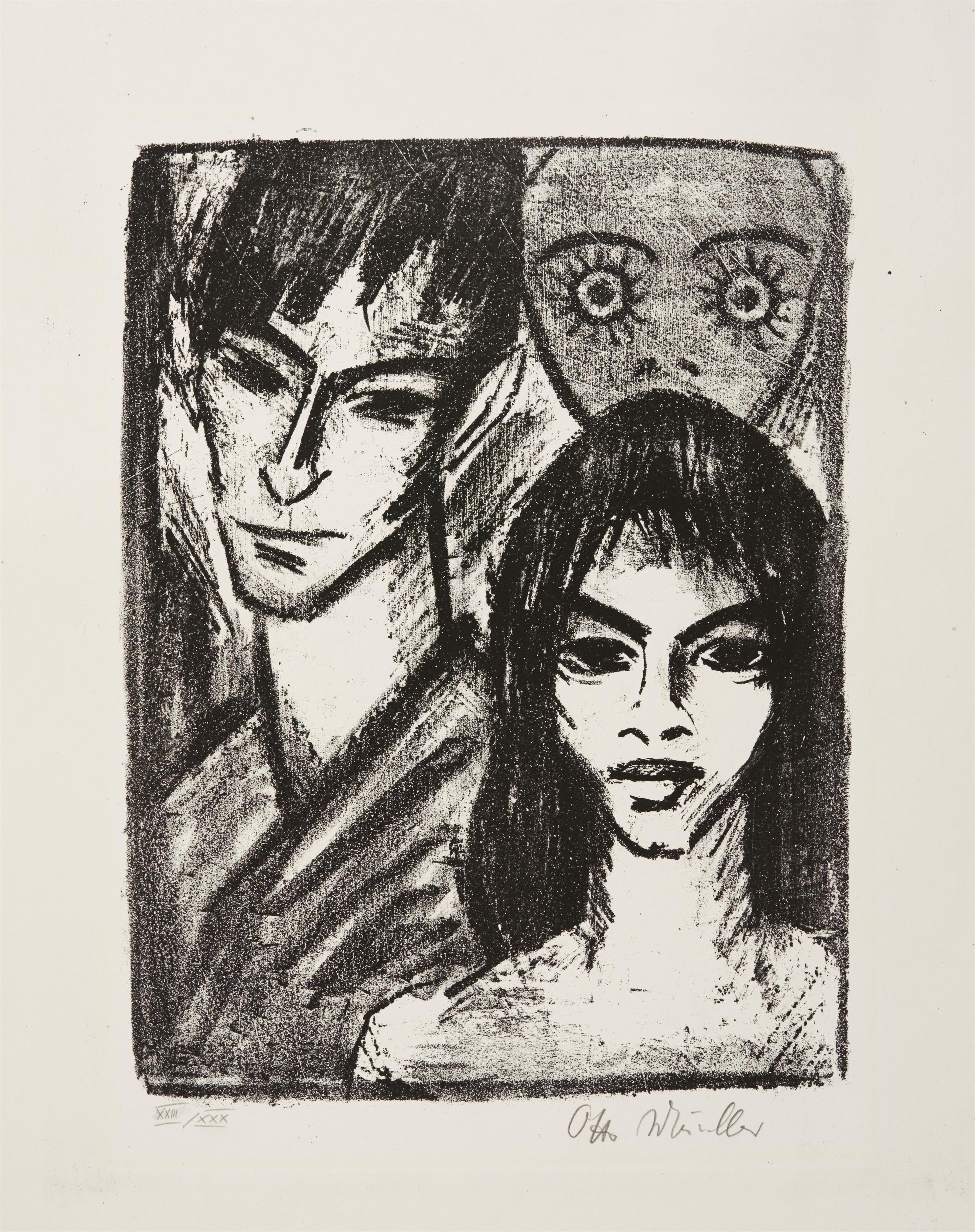 《模特戴面具自画像（戴面具情侣）》（Self-portrait with model and mask (couple with mask)）｜奥托·穆勒 Otto Mueller｜1921–1922