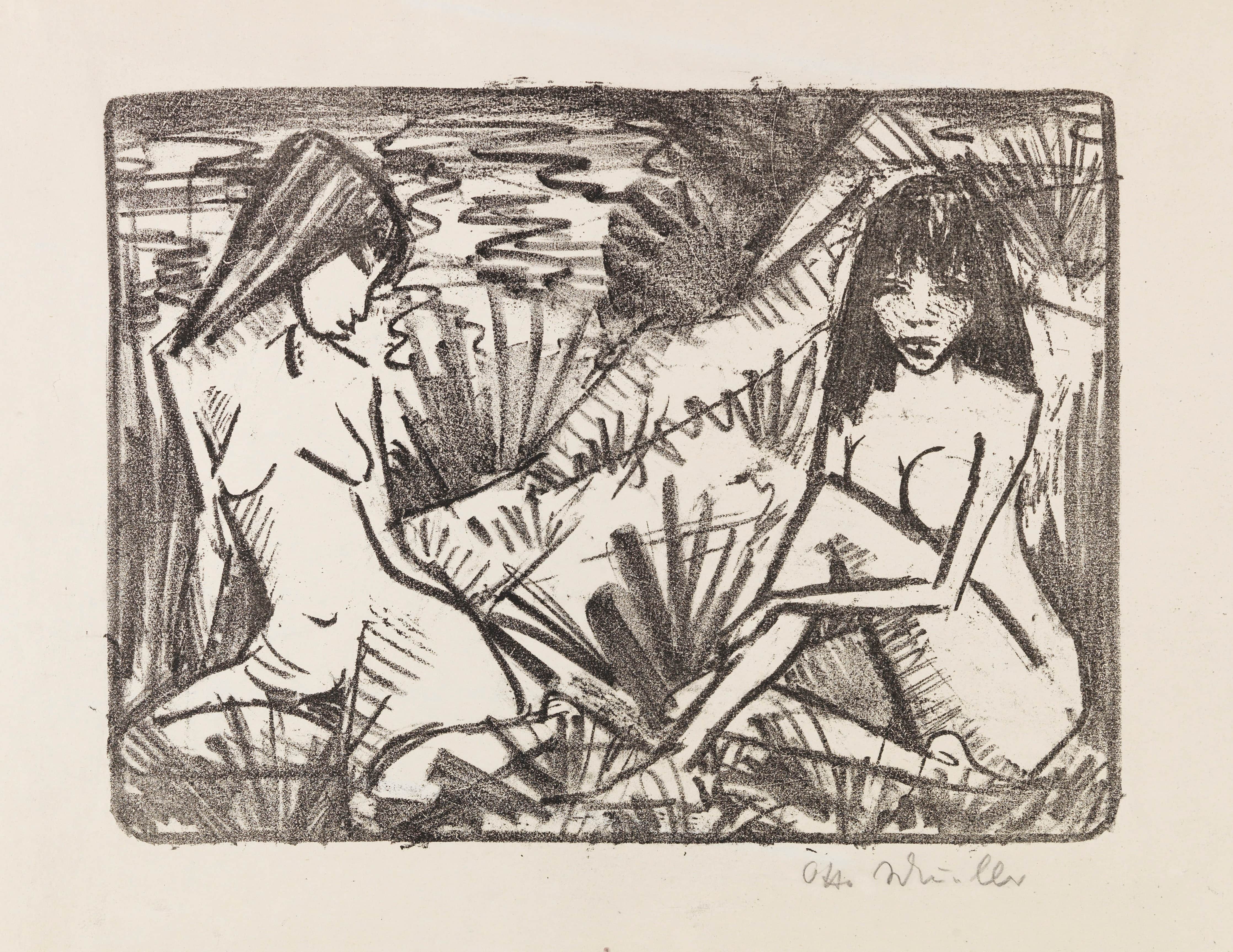 《两个女孩坐在沙丘上》（Two girls sitting in dunes）｜奥托·穆勒 Otto Mueller｜1921
