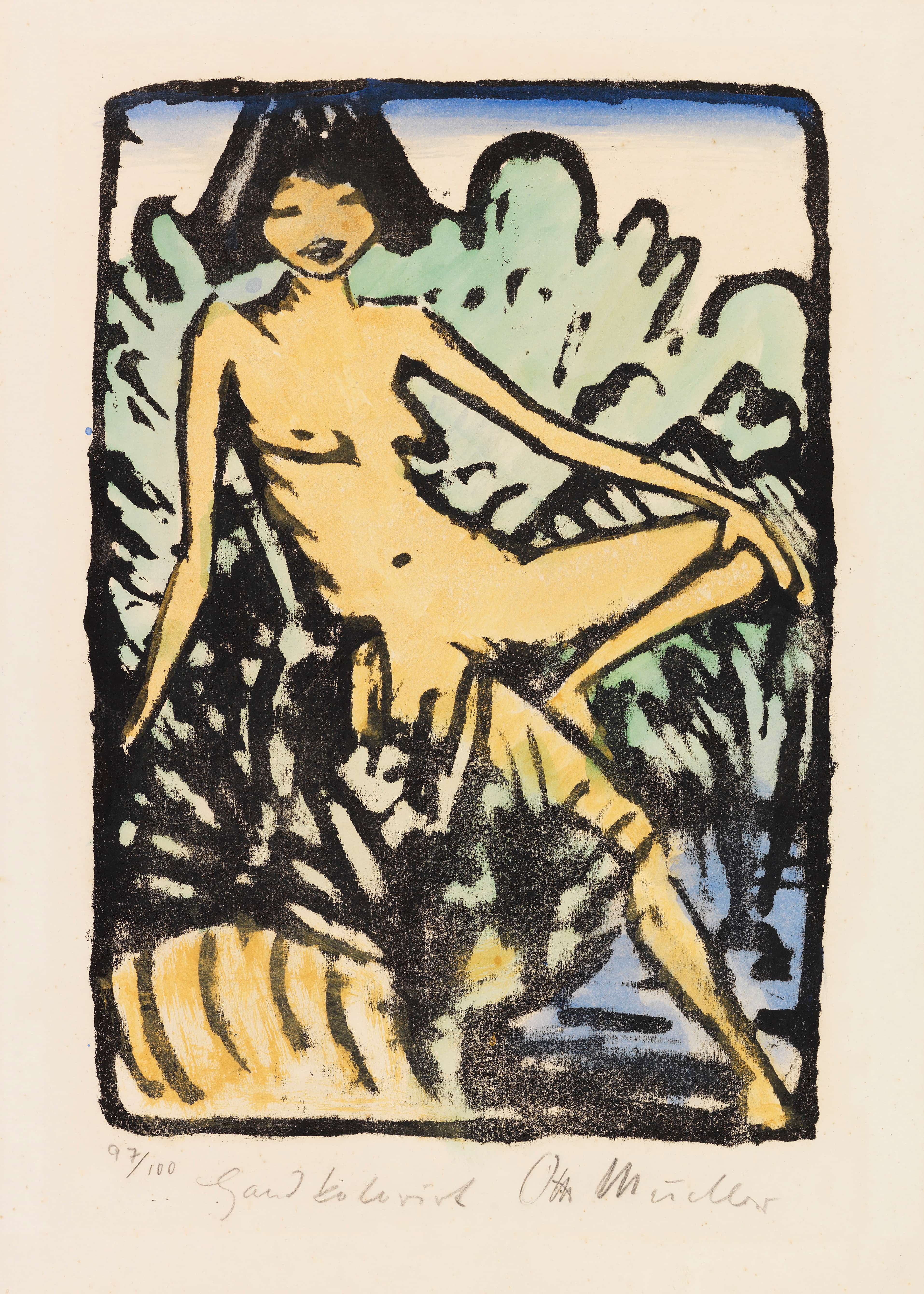 《坐在岸边的女孩（风景中坐着的女孩）》（Girl sitting on the bank (Sitting Girl in Landscape)）｜奥托·穆勒 Otto Mueller｜1922–1926