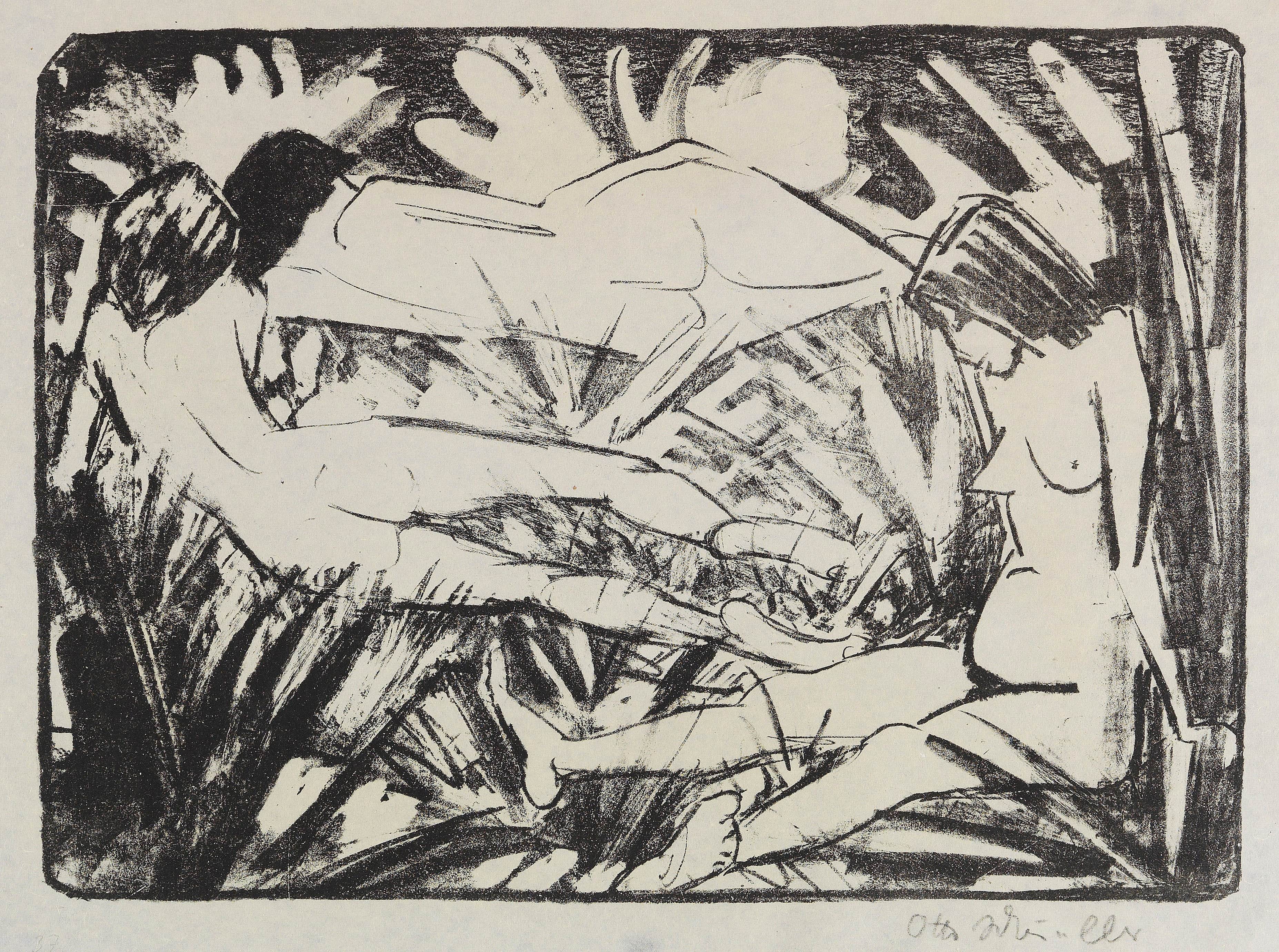 《草丛中坐着和躺着的两个女孩（三幕）》（Sitting and two lying girls in the grass (three acts)）｜奥托·穆勒 Otto Mueller｜1922–1926
