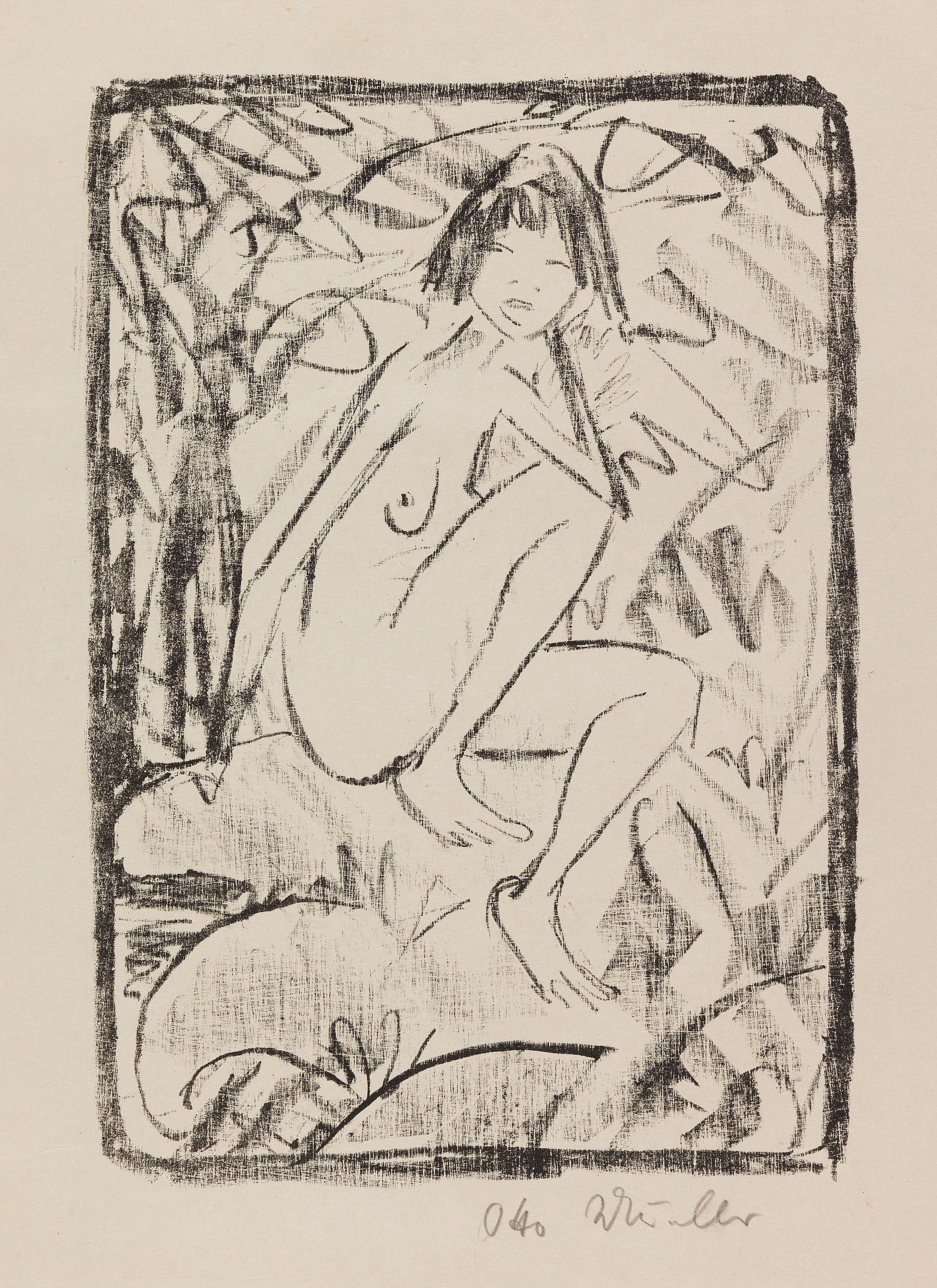 《坐着的女人被树叶包围（浅色版本）》（Seated woman surrounded by foliage (light version)）｜奥托·穆勒 Otto Mueller｜1923