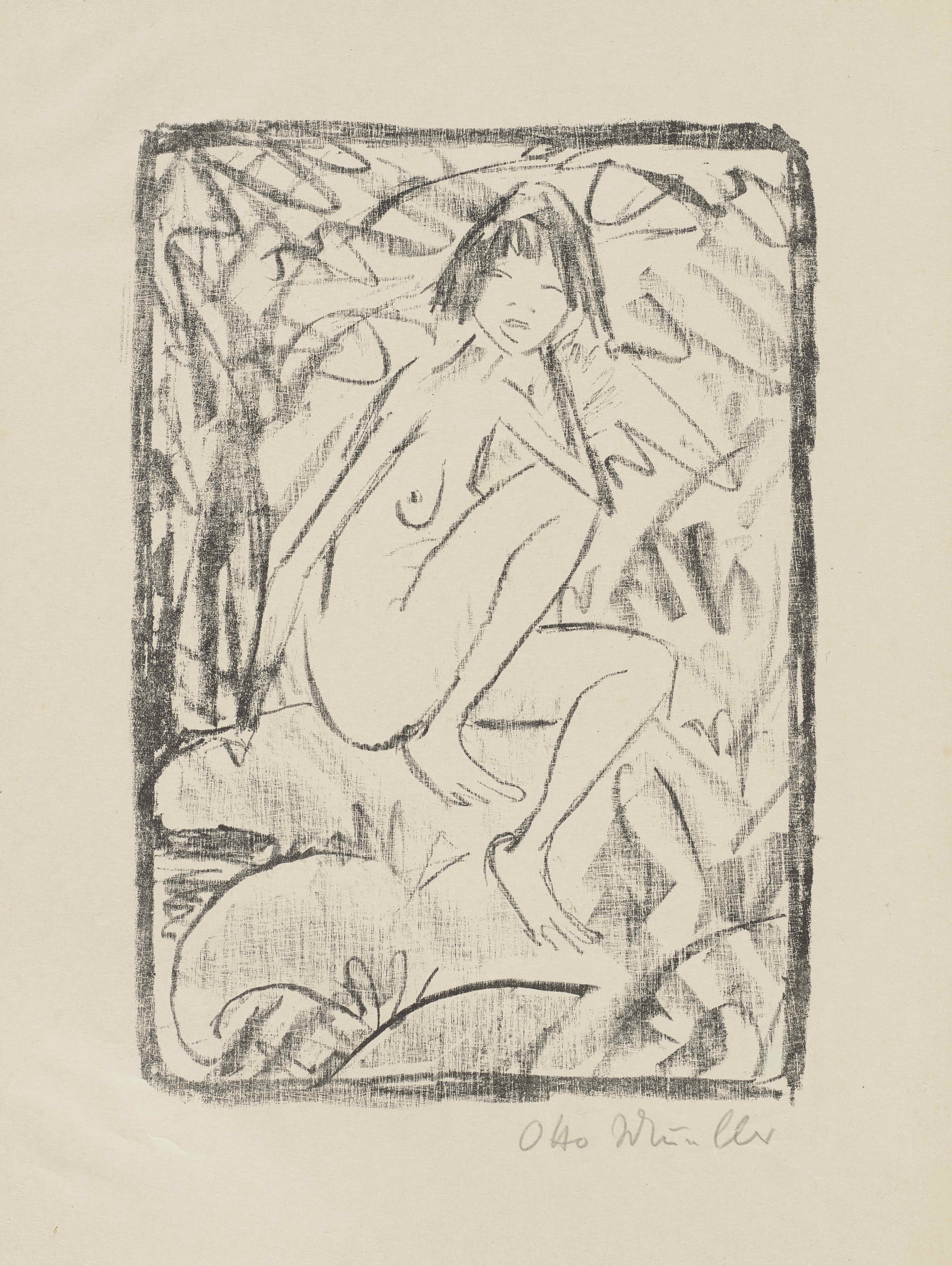 《坐着的女人被树叶包围（浅色版本）》（Seated woman surrounded by foliage (light version)）｜奥托·穆勒 Otto Mueller｜1923