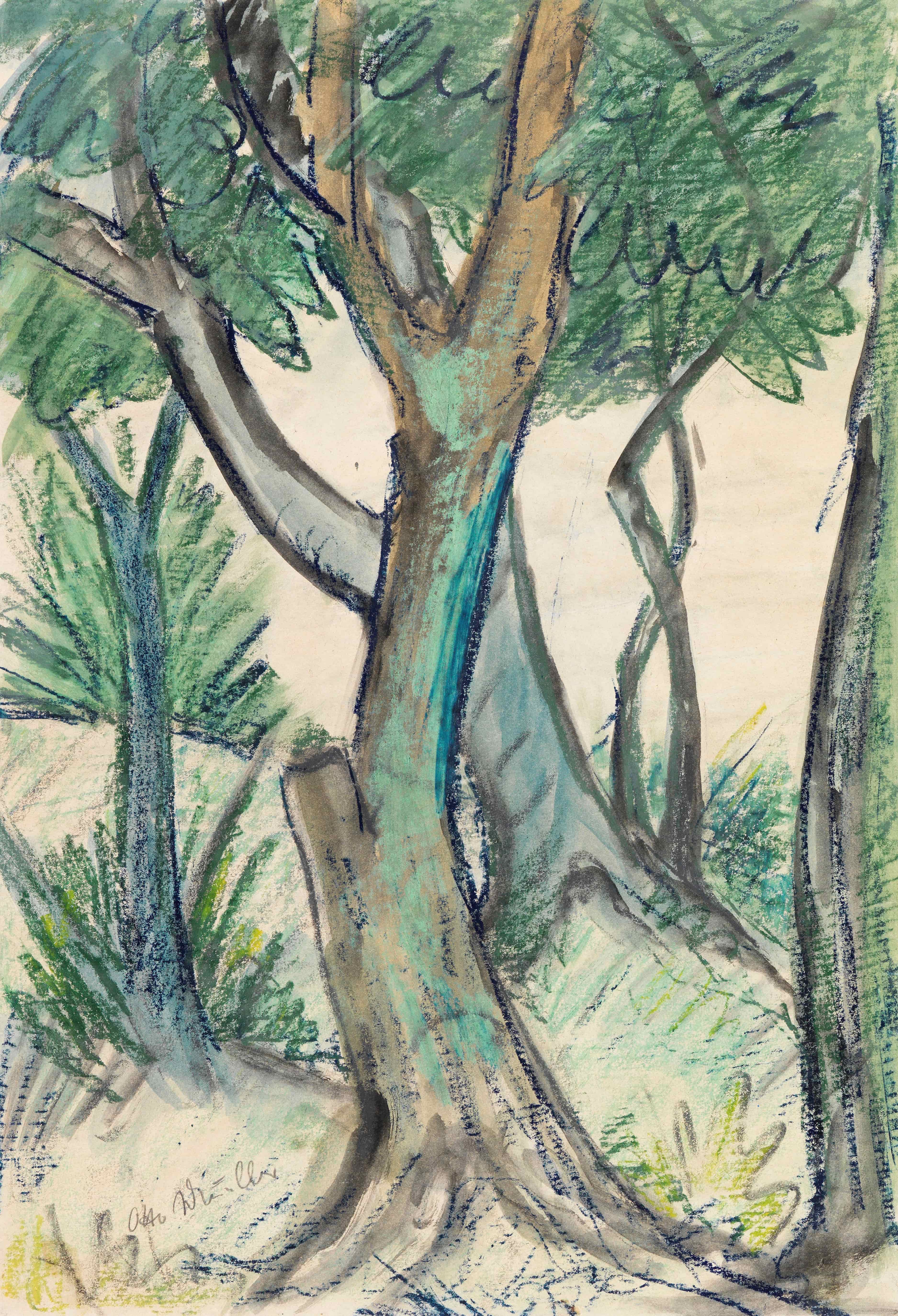 《前景有树木的风景》（Landscape with trees in the foreground）｜奥托·穆勒 Otto Mueller｜1924