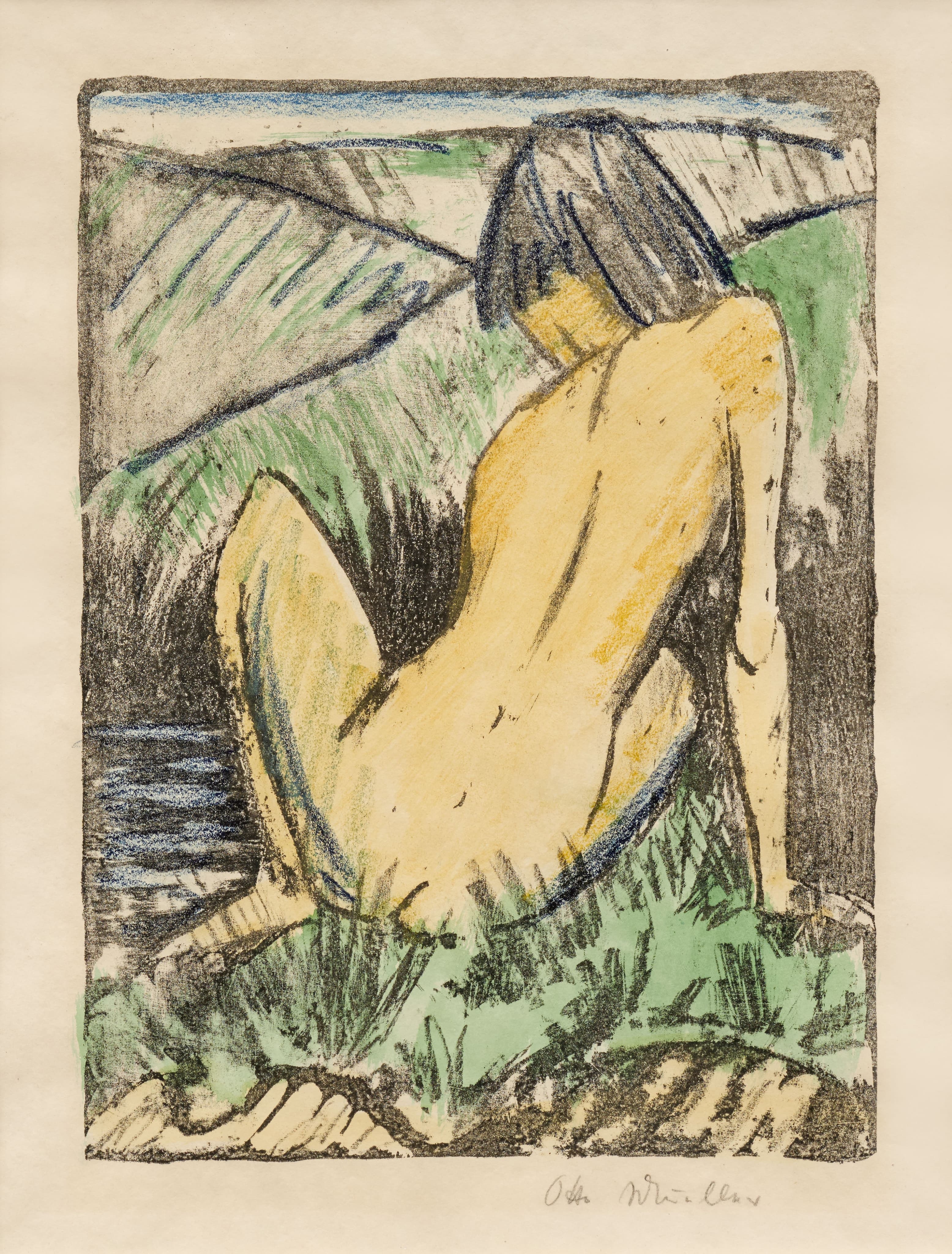 《奥林匹亚（裸体坐在沙丘上）》（Olympia (sitting back nude in the dunes)）｜奥托·穆勒 Otto Mueller｜1924