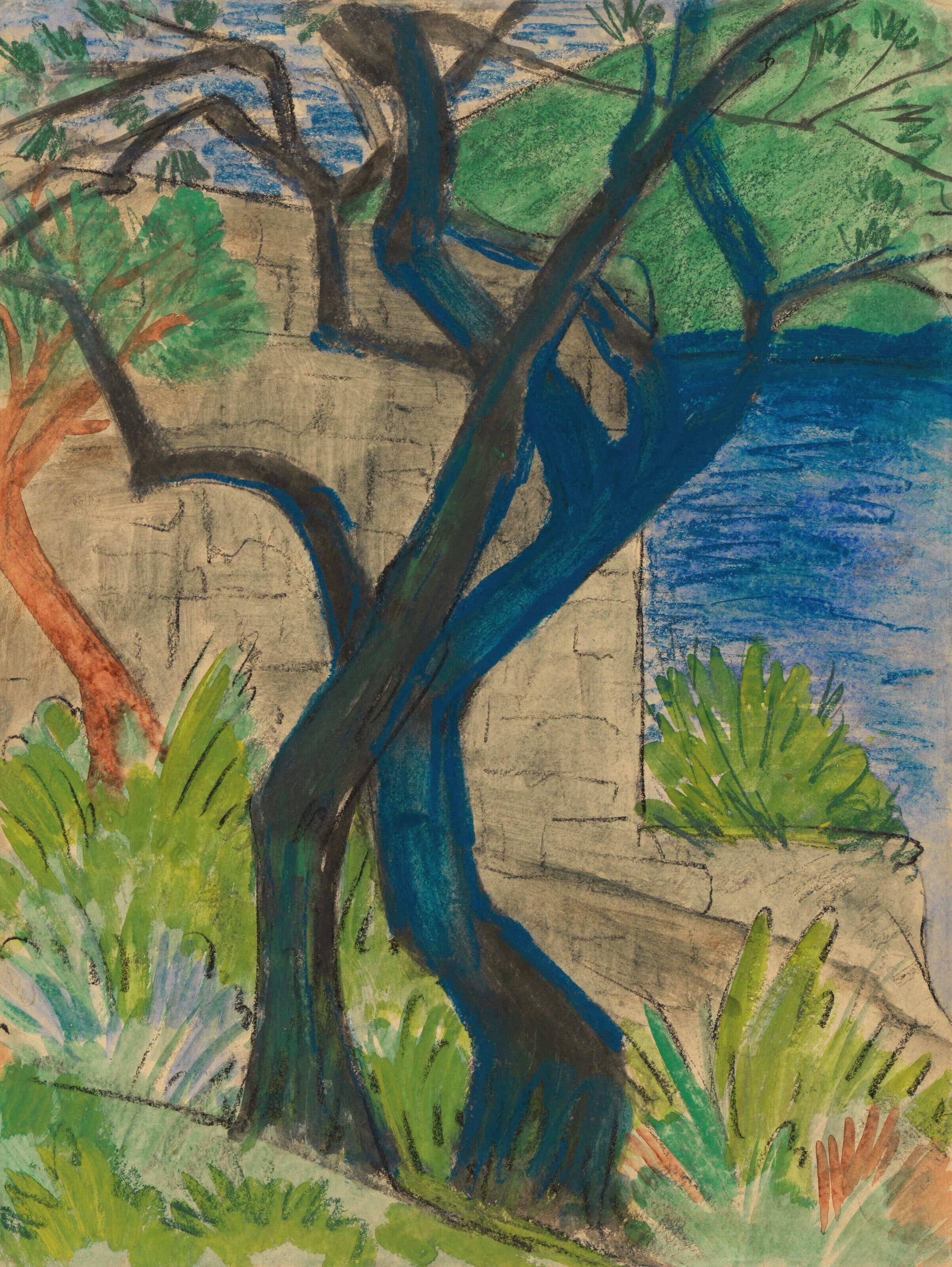 《有蓝色树的河岸》（River bank with blue tree）｜奥托·穆勒 Otto Mueller｜1924