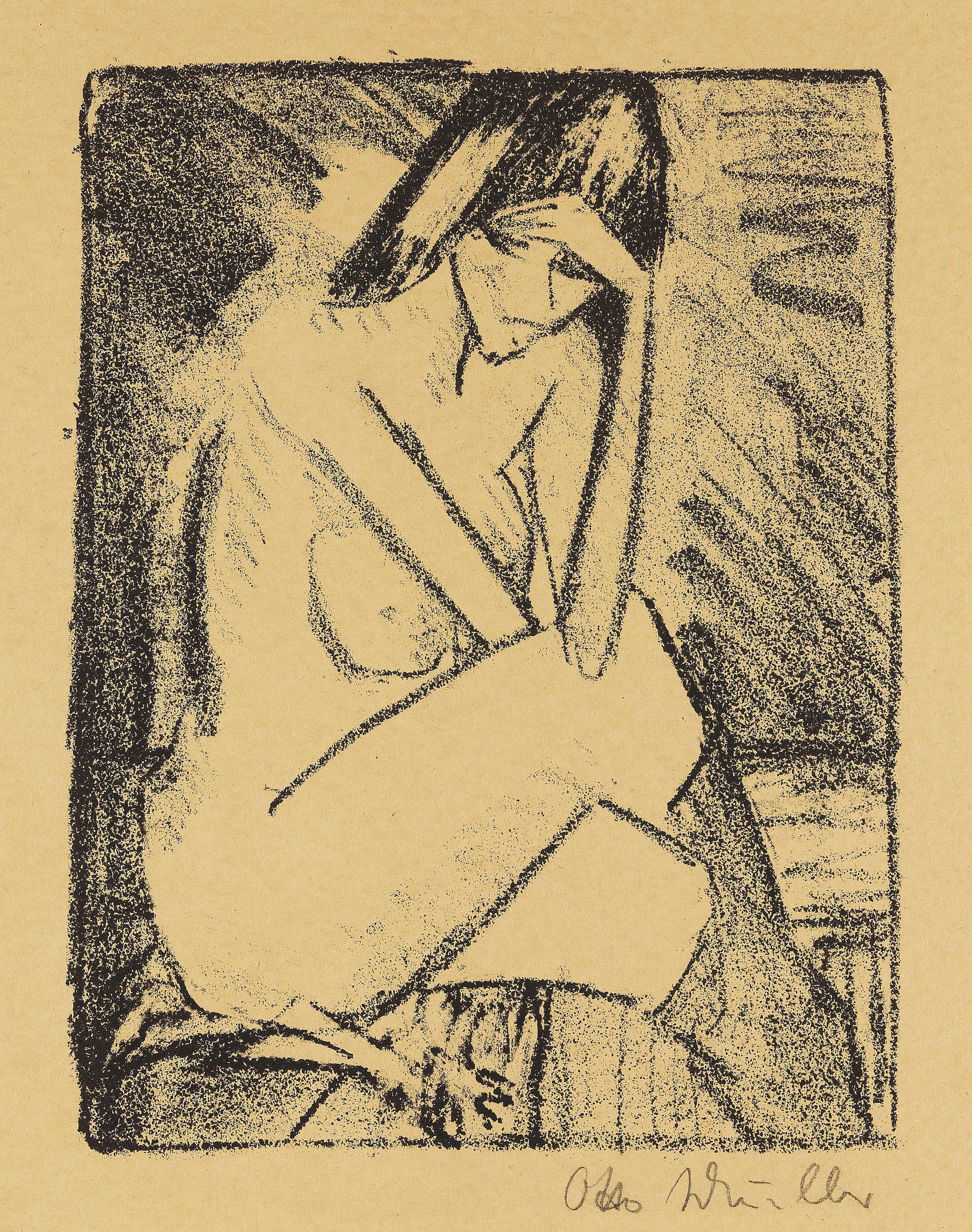 《穿着丝袜坐着》（Seated in stockings）｜奥托·穆勒 Otto Mueller｜1924