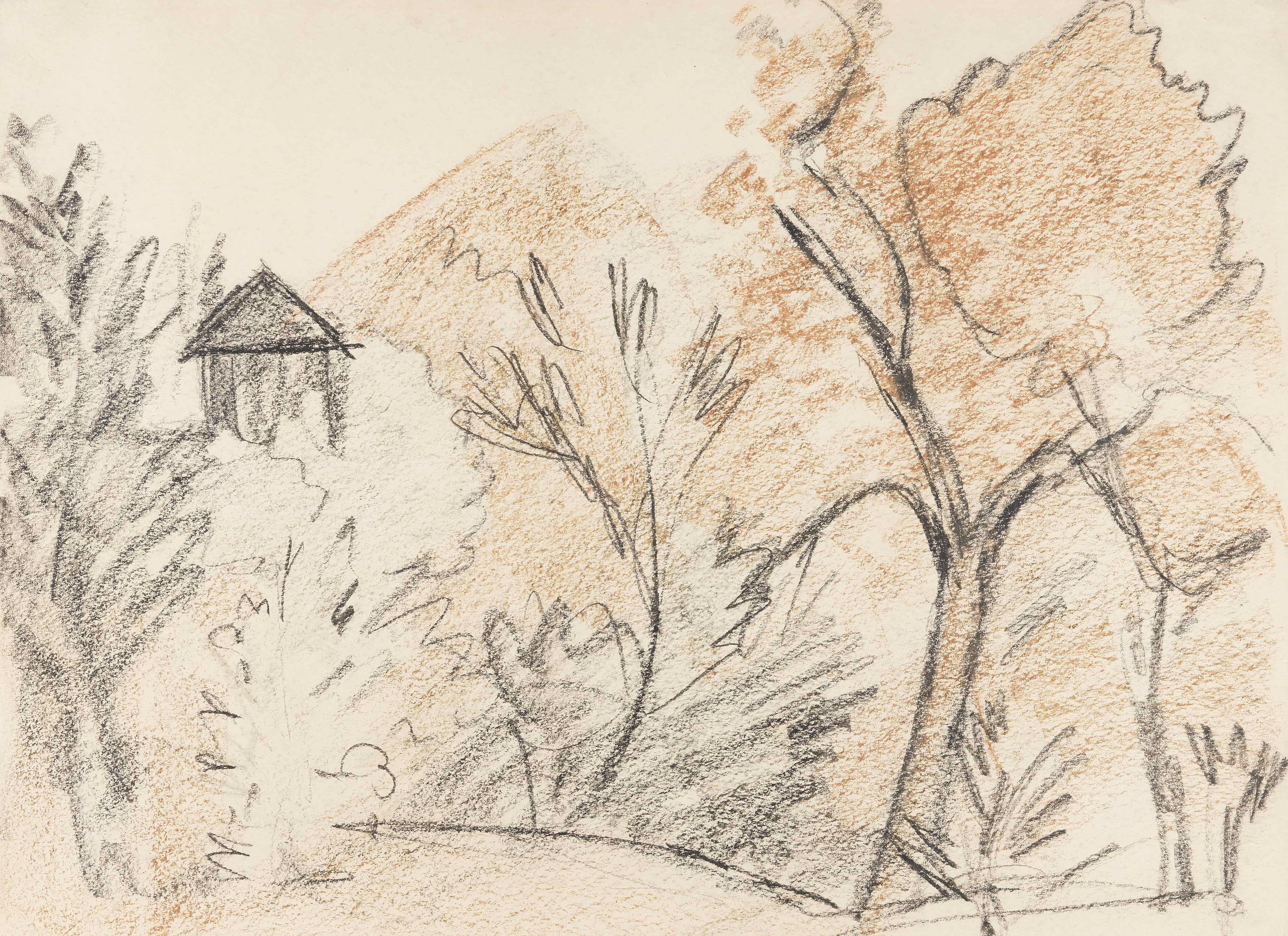 《与小房子的山风景》（Mountainous landscape with small house）｜奥托·穆勒 Otto Mueller｜1925