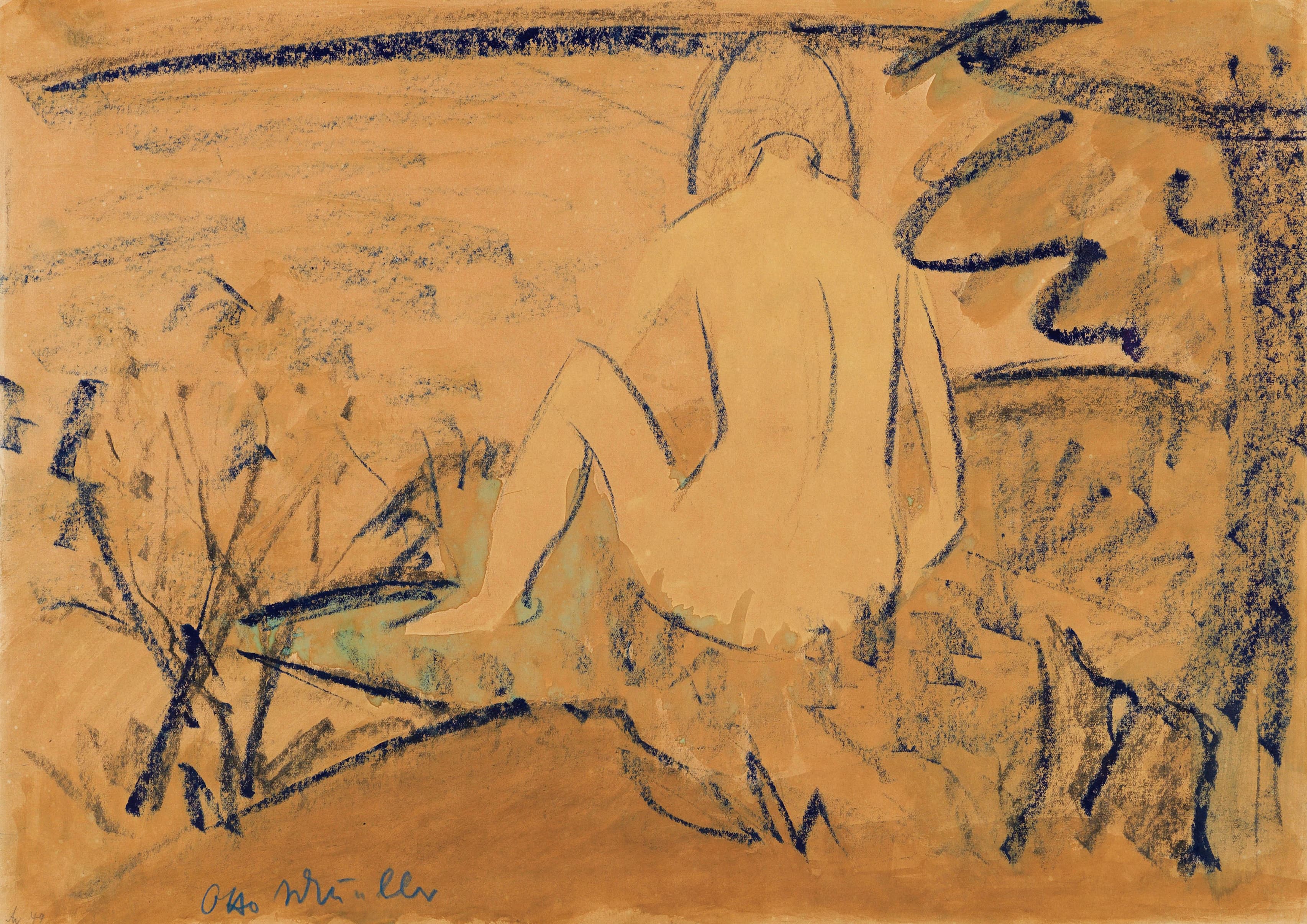 《裸体坐在岸边》（Sitting back nude on the bank）｜奥托·穆勒 Otto Mueller｜约 1925.