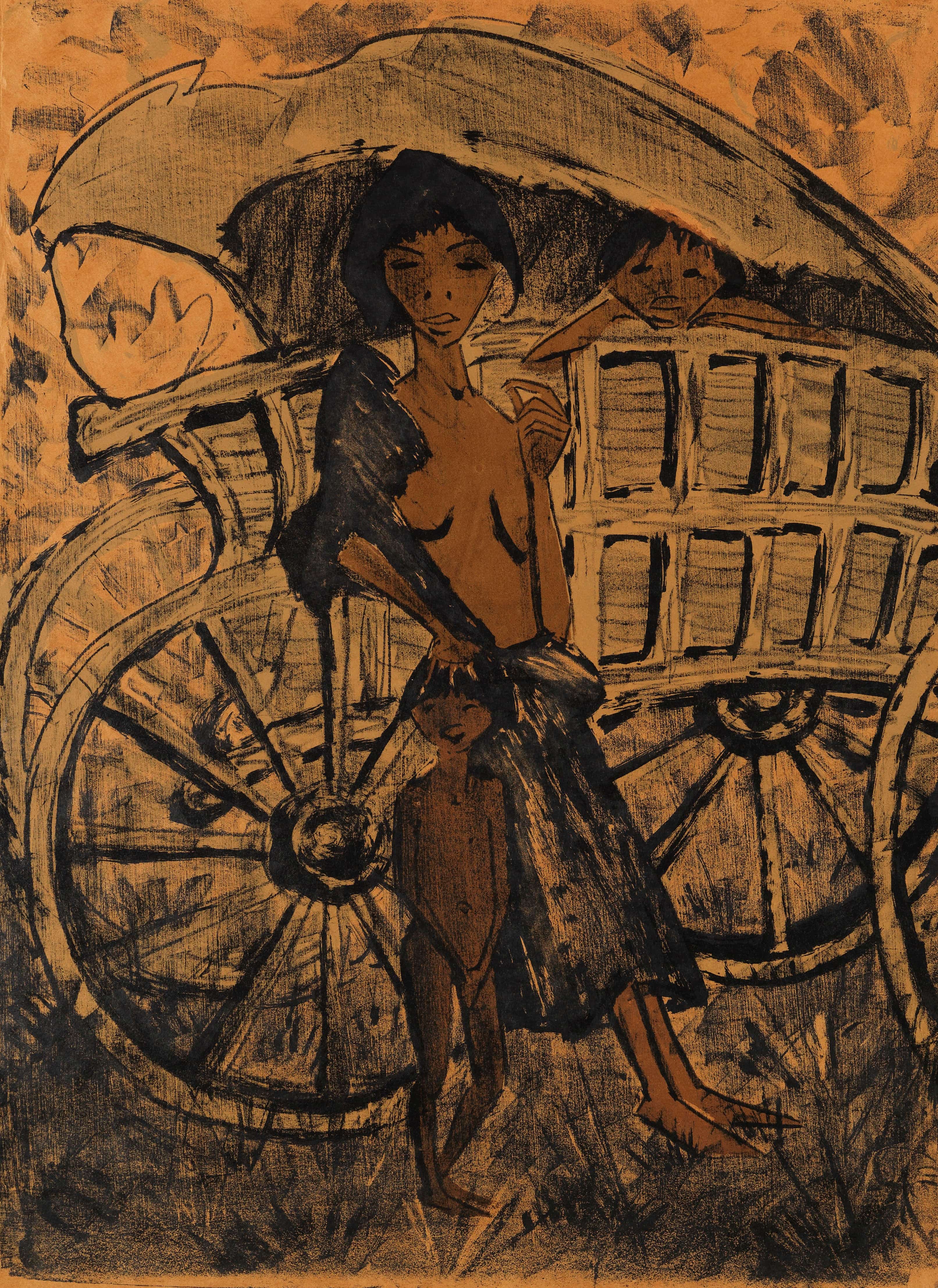 《吉普赛妇女带着孩子在有盖马车前》（Gypsy woman with child in front of the covered wagon）｜奥托·穆勒 Otto Mueller｜1926