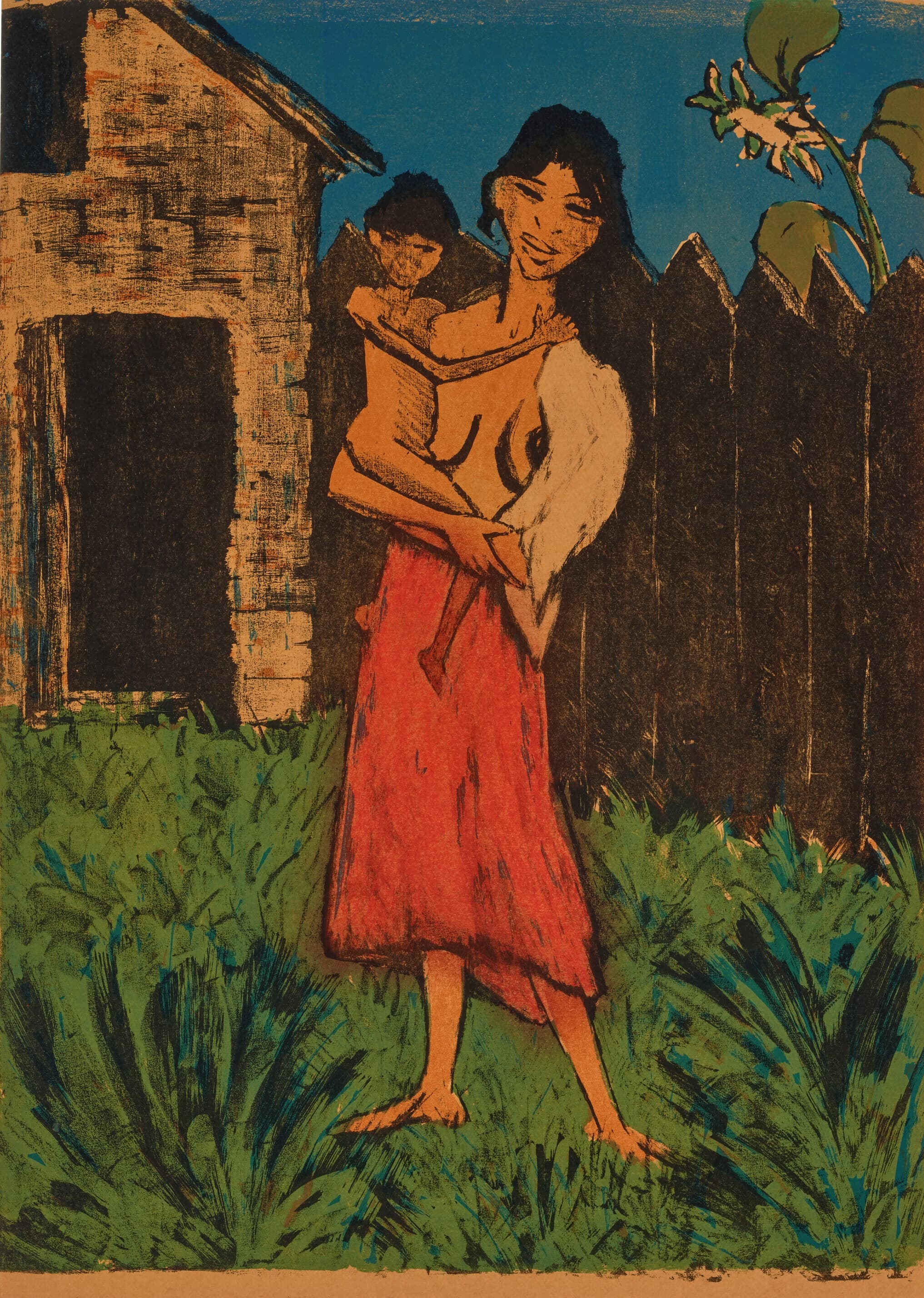 《站立的吉普赛妇女，怀里抱着孩子，来自吉普赛》（Standing gypsy woman with child in her arms, from Gypsy）｜奥托·穆勒 Otto Mueller｜1926–1927