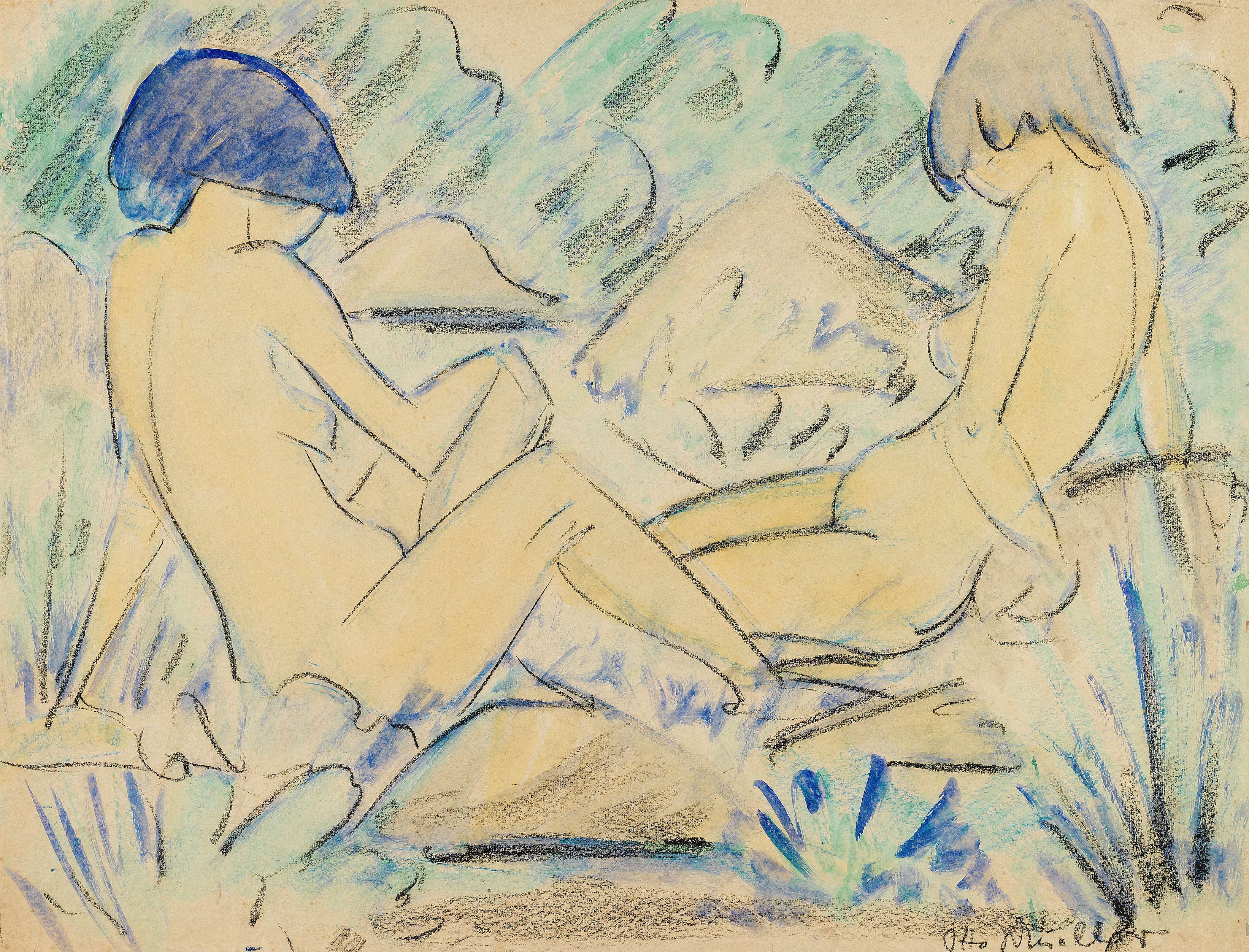 《两个女孩裸体（两个坐着的裸体）》（Two girl nudes (Two seated nudes)）｜奥托·穆勒 Otto Mueller｜1926