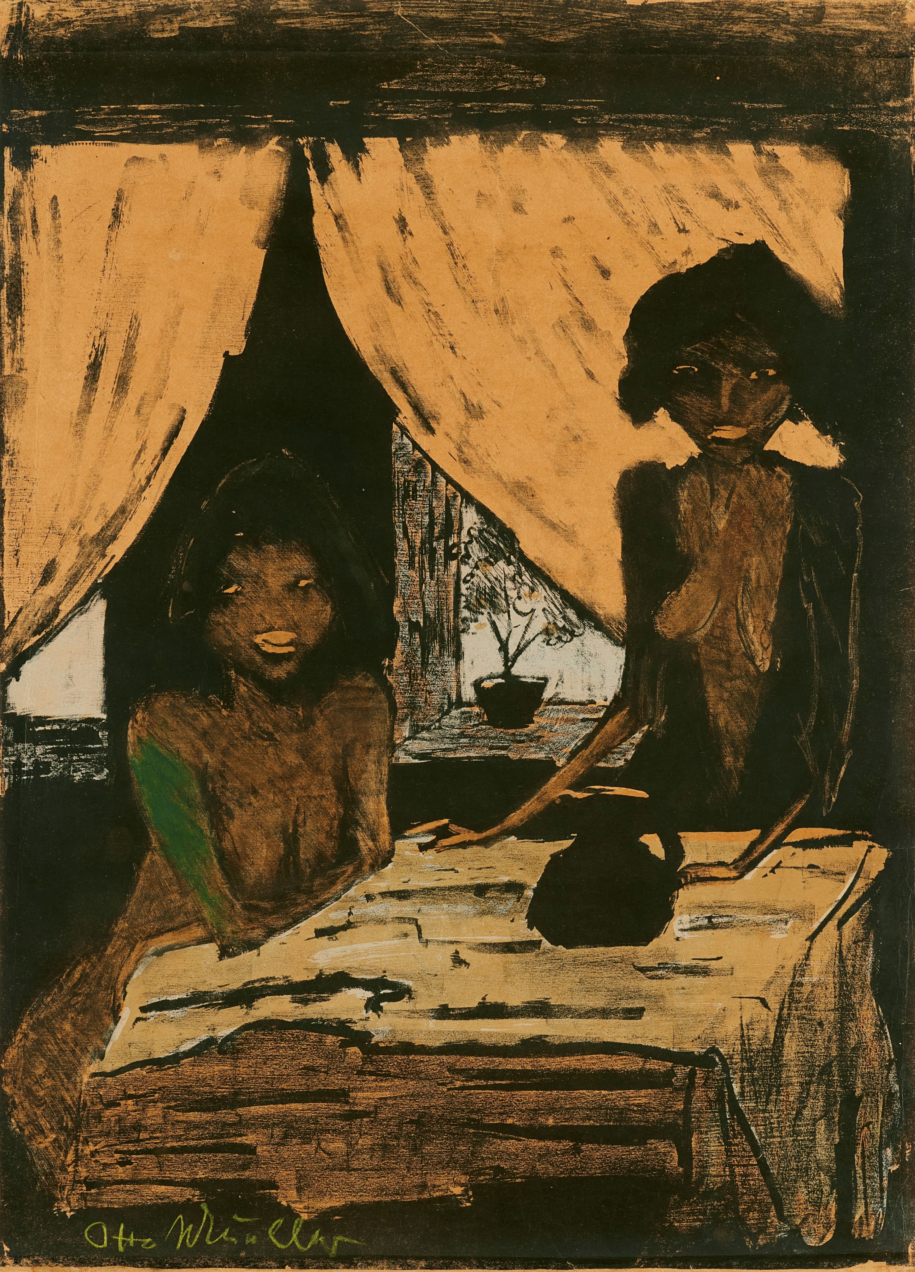 《客厅里的两个吉普赛女孩》（Two gypsy girls in the living room）｜奥托·穆勒 Otto Mueller｜1926