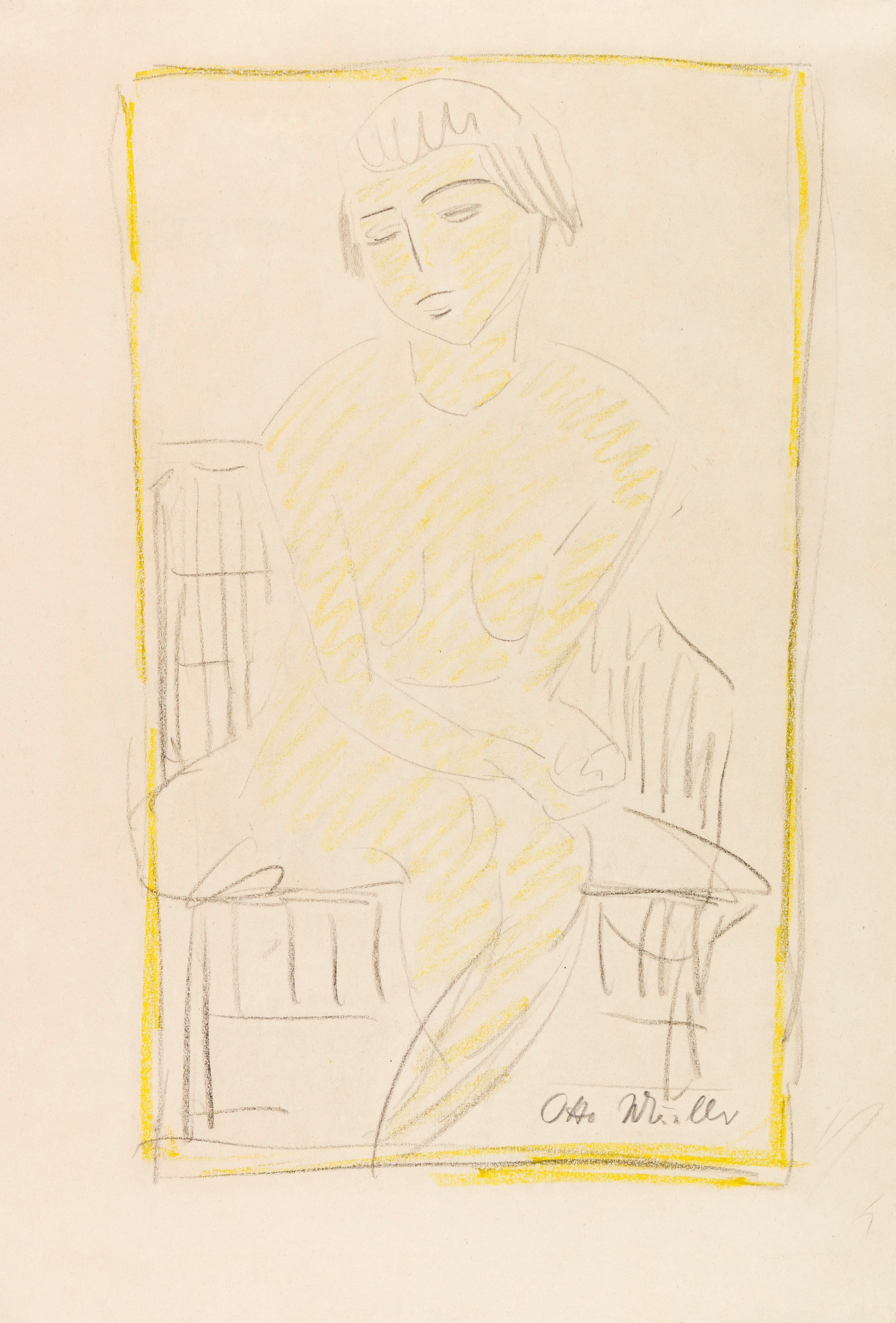 《坐在椅子上的裸体女孩》（Nude girl sitting on the chair）｜奥托·穆勒 Otto Mueller｜1929
