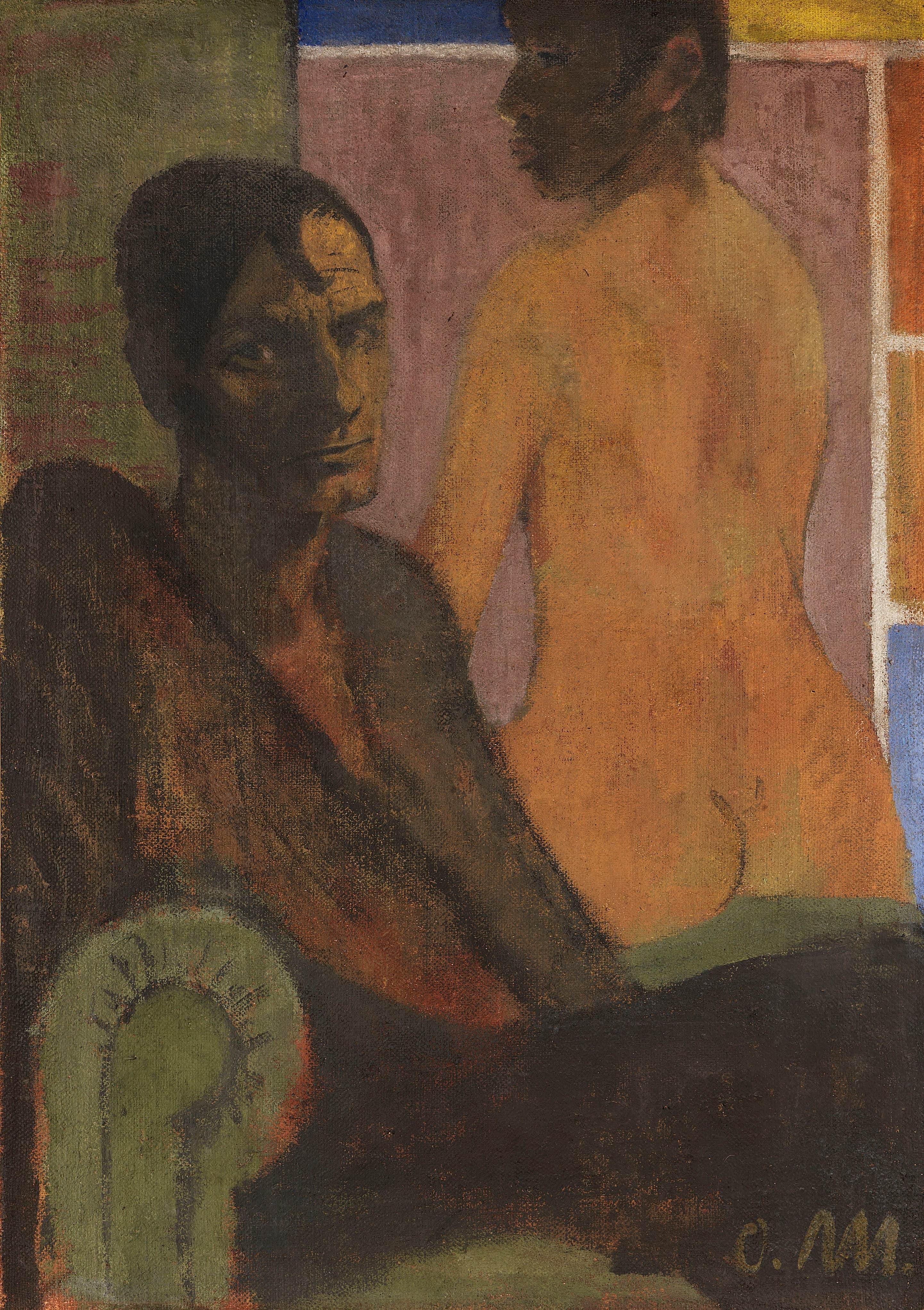 《背部裸体自画像（埃尔弗里德·蒂姆在背景中）》（Self-portrait with nude from the back (Elfriede Timm in the background)）｜奥托·穆勒 Otto Mueller｜1929