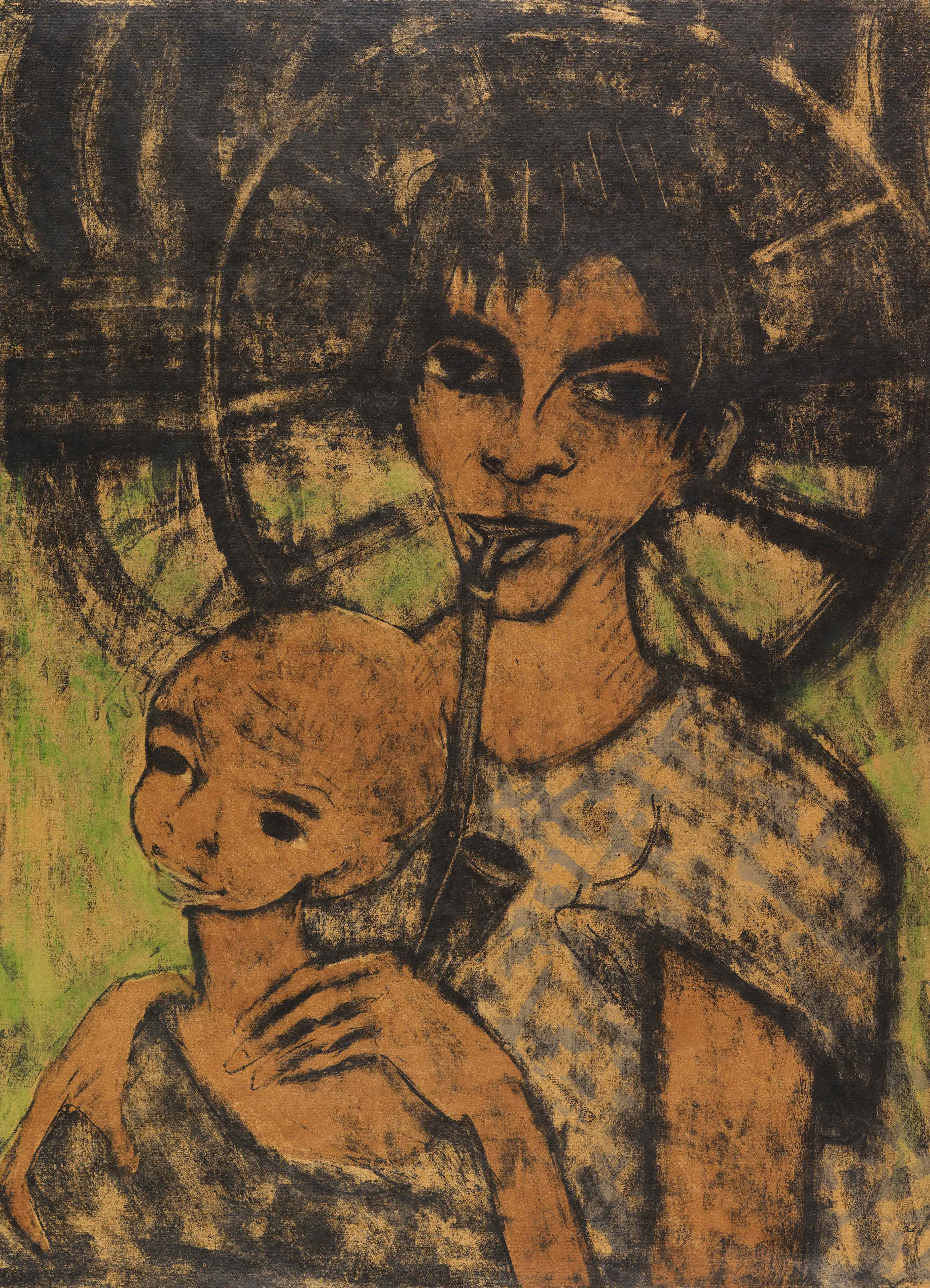 《吉普赛麦当娜（吉普赛妇女与孩子在马车车轮前）》（Gypsy Madonna (Gypsy woman with child in front of a wagon wheel)）｜奥托·穆勒 Otto Mueller｜1936