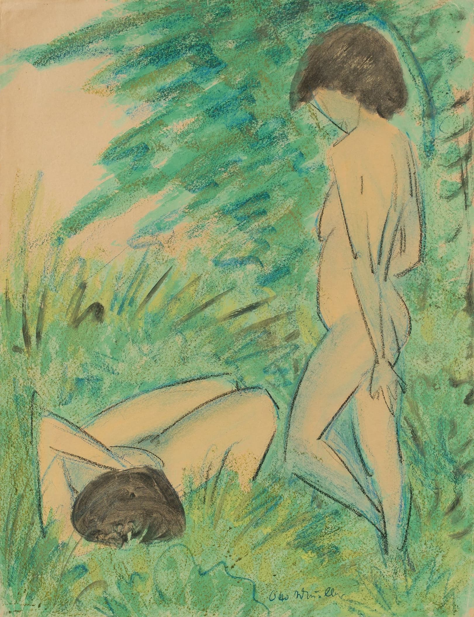 《森林里的两个裸体女性》（Two female nudes in the forest）｜奥托·穆勒 Otto Mueller｜不明