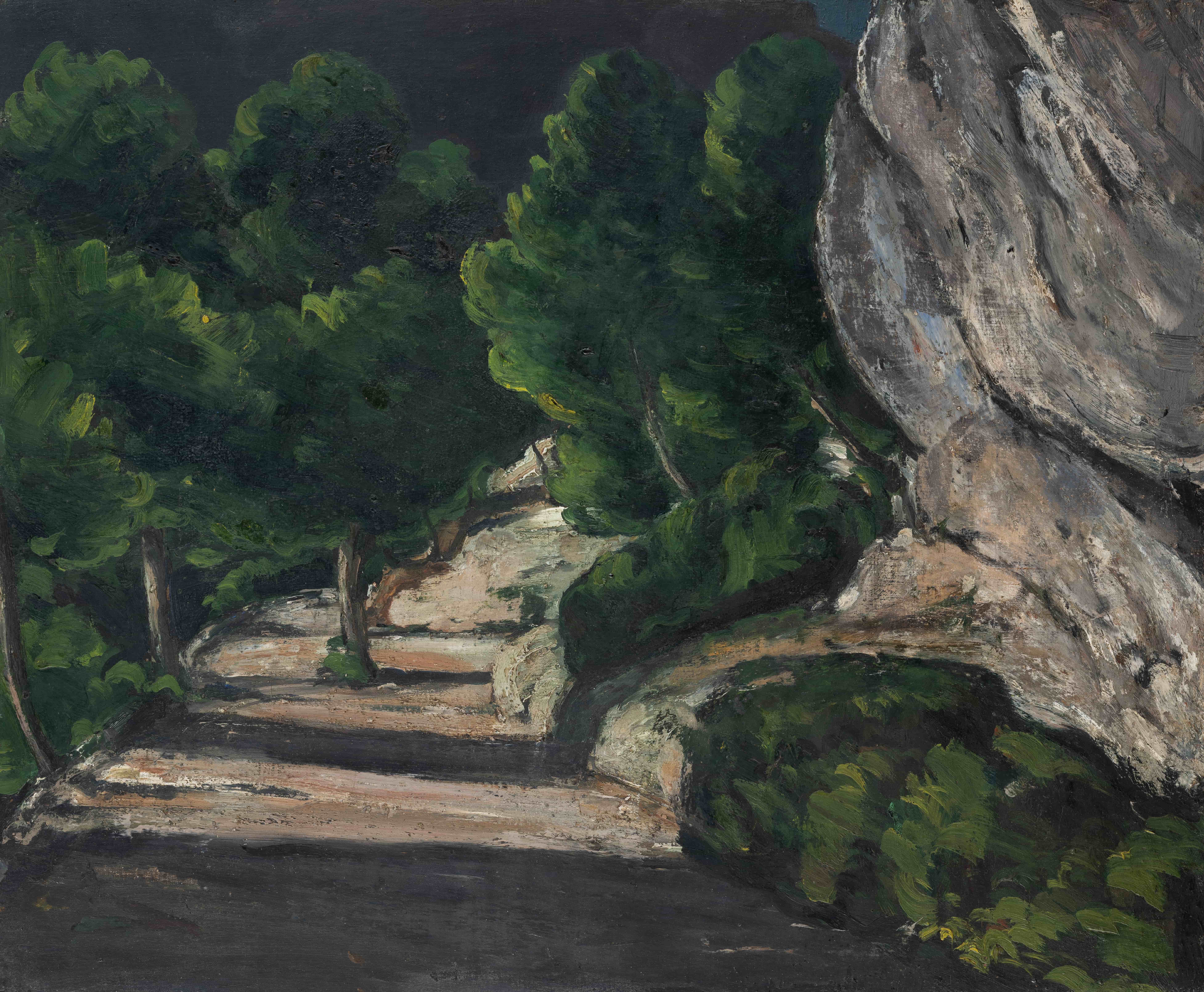 《有树木的景观路在落基山脉》（landscape road with trees in rocky mountains）｜保罗·塞尚 Paul Cézanne｜1870–1871