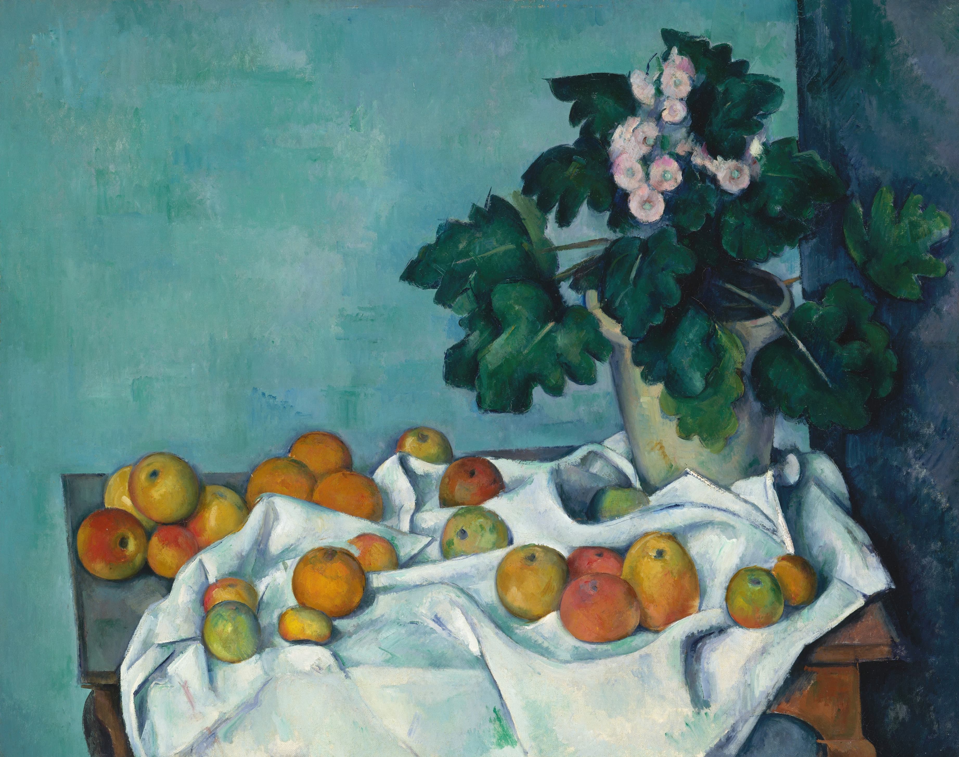 《静物画，有苹果和一盆报春花》（still life with apples and a pot of primroses）｜保罗·塞尚 Paul Cézanne｜约1890