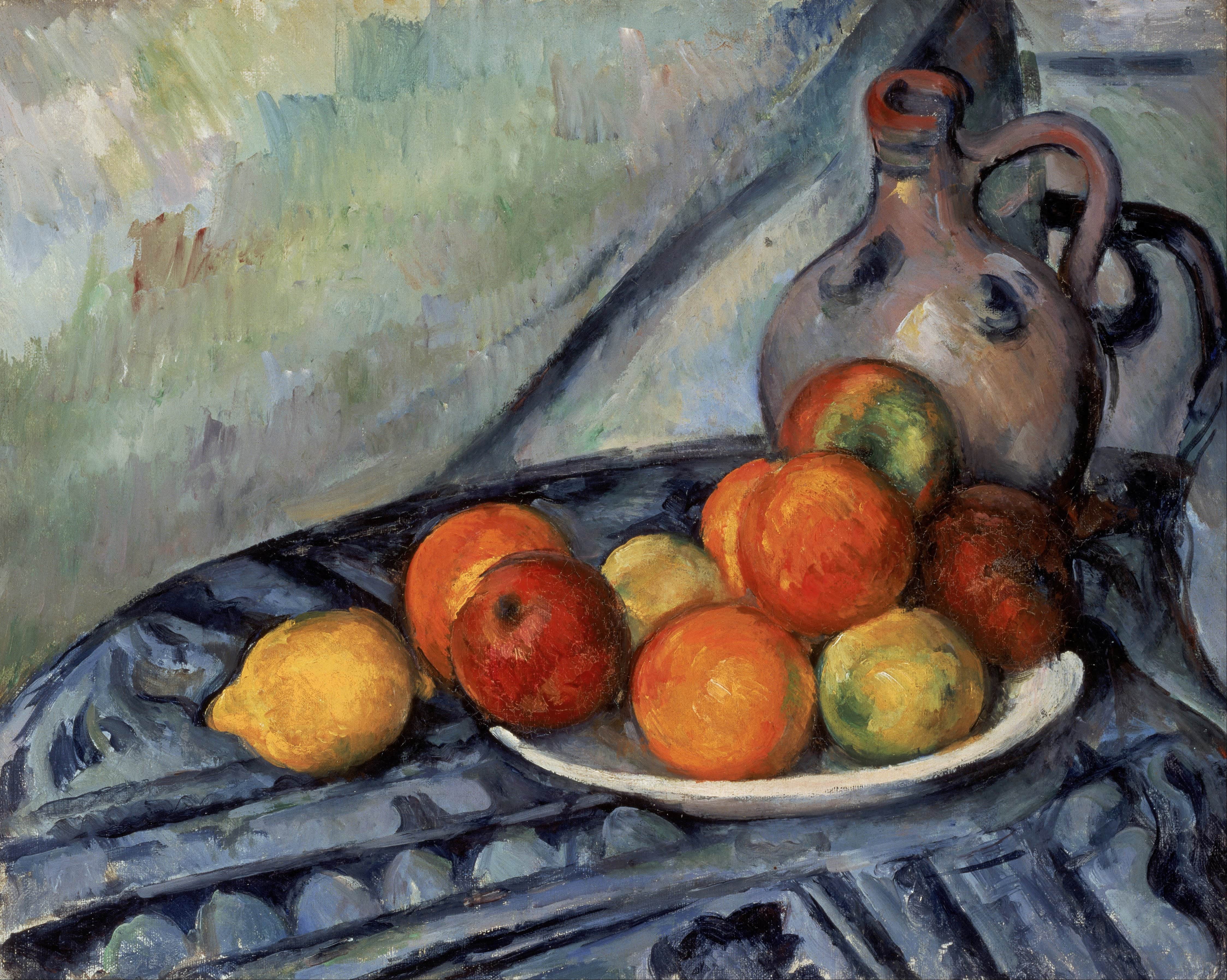 《桌子上的水果和水罐》（fruit and a jug on a table）｜保罗·塞尚 Paul Cézanne｜约1890