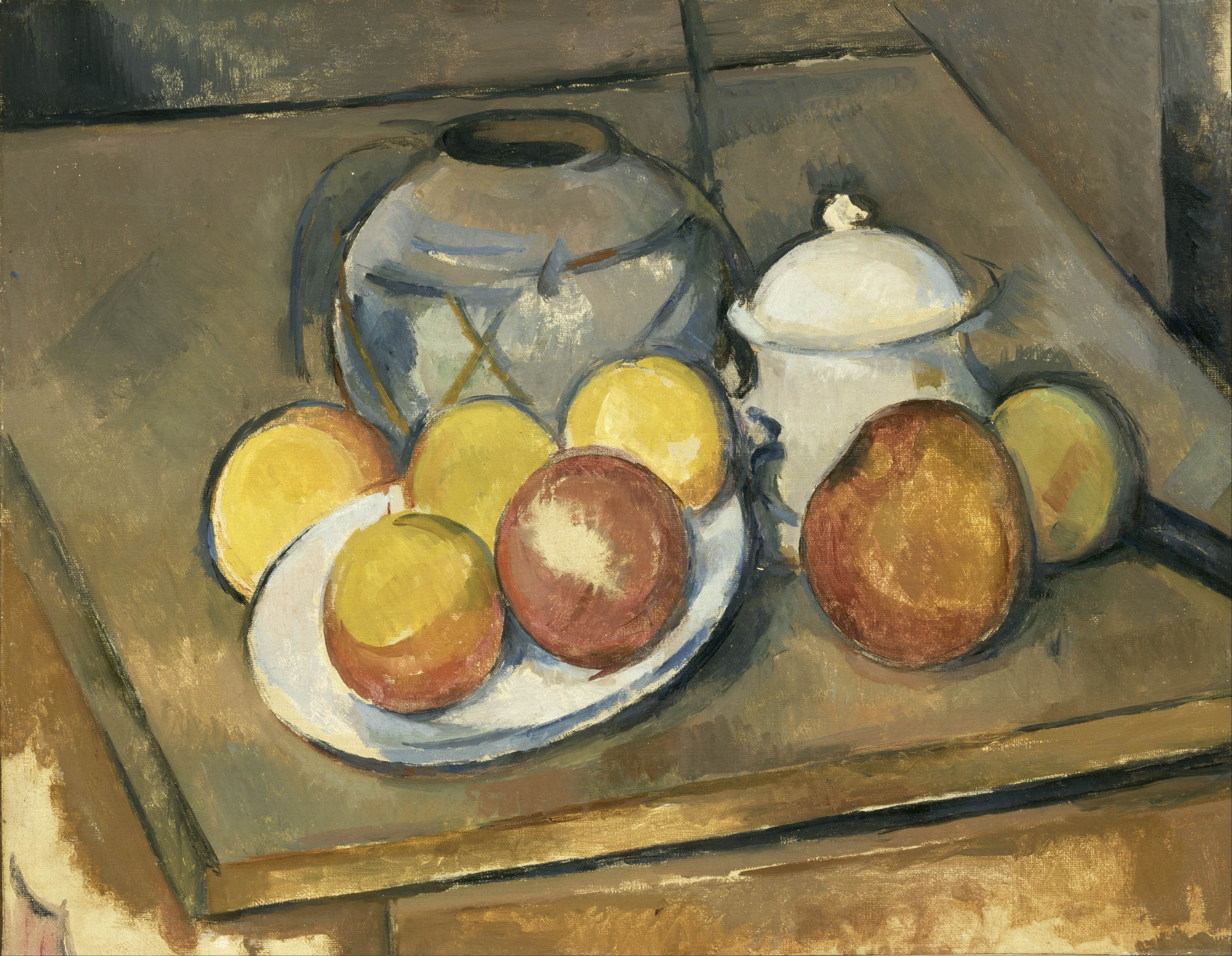 《稻草装饰的花瓶糖罐和苹果》（straw trimmed vase sugar bowl and apples）｜保罗·塞尚 Paul Cézanne｜1890–1893