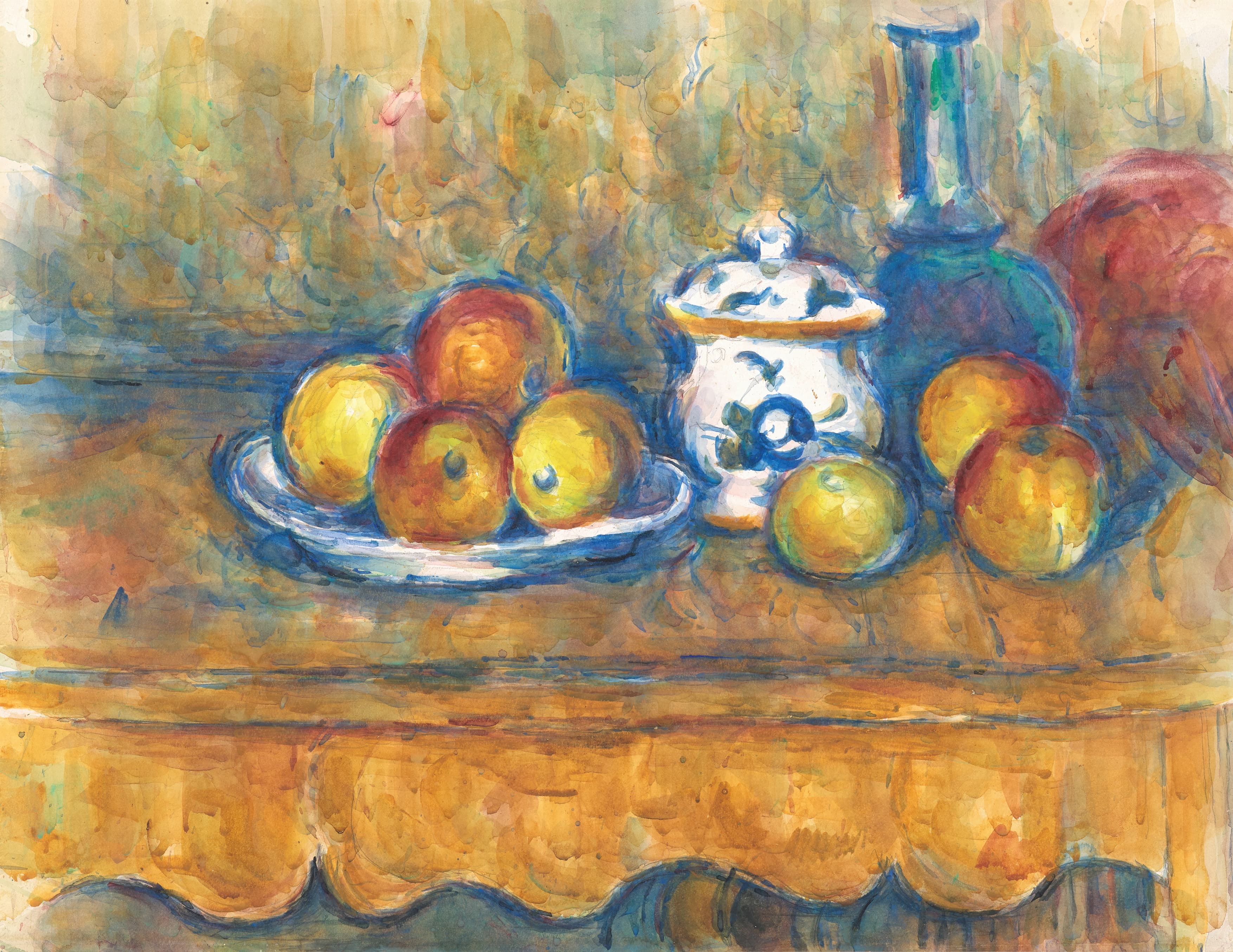 《静物与蓝瓶糖罐和苹果》（Still life with blue bottle sugar bowl and apples）｜保罗·塞尚 Paul Cézanne｜1900–1902
