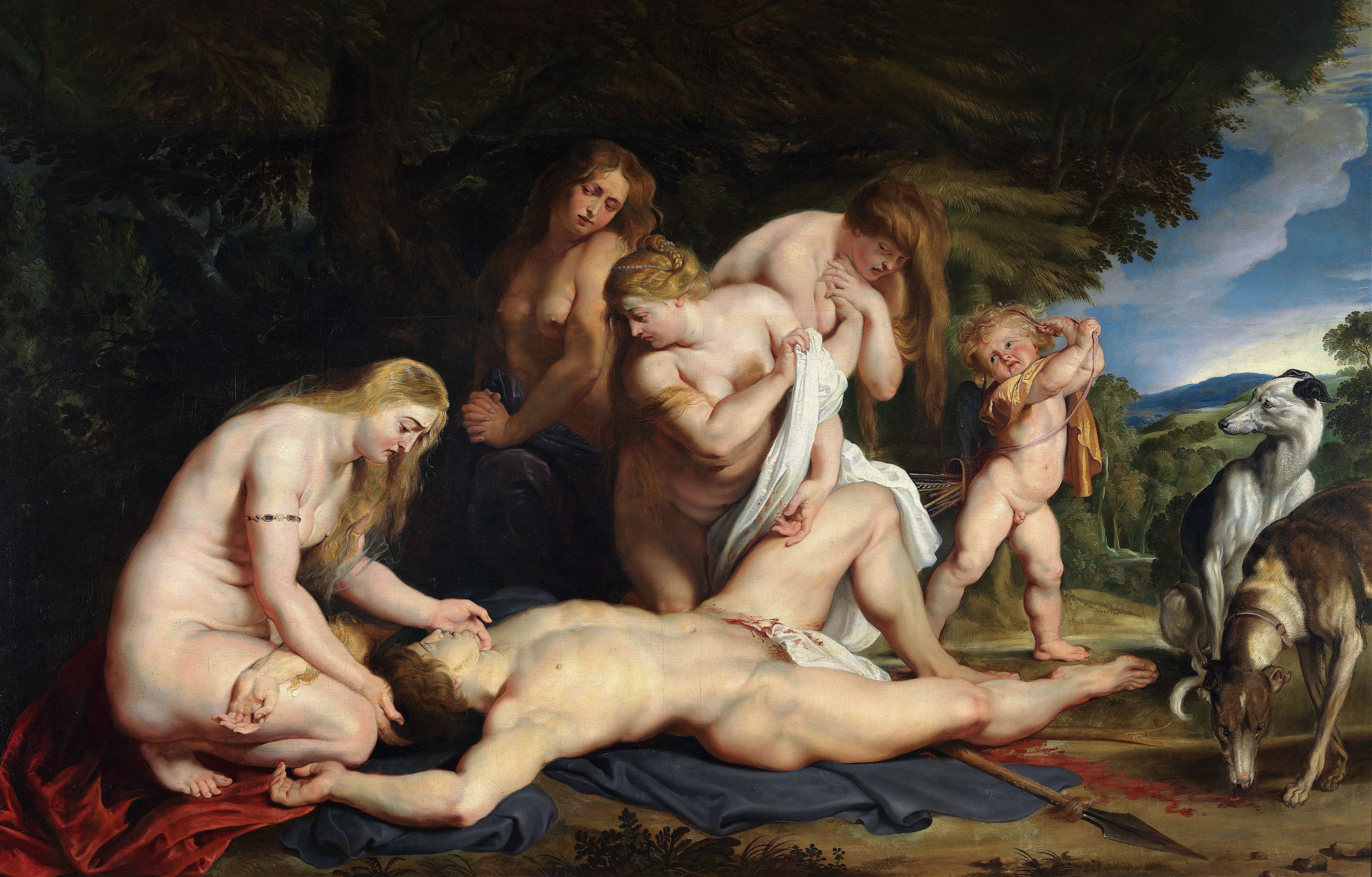 《阿多尼斯之死（与维纳斯、丘比特和美惠三女神）》（The Death of Adonis (With Venus, Cupid, and The Three Graces)）｜彼得·保罗·鲁本斯 Peter Paul Rubens｜约 1614