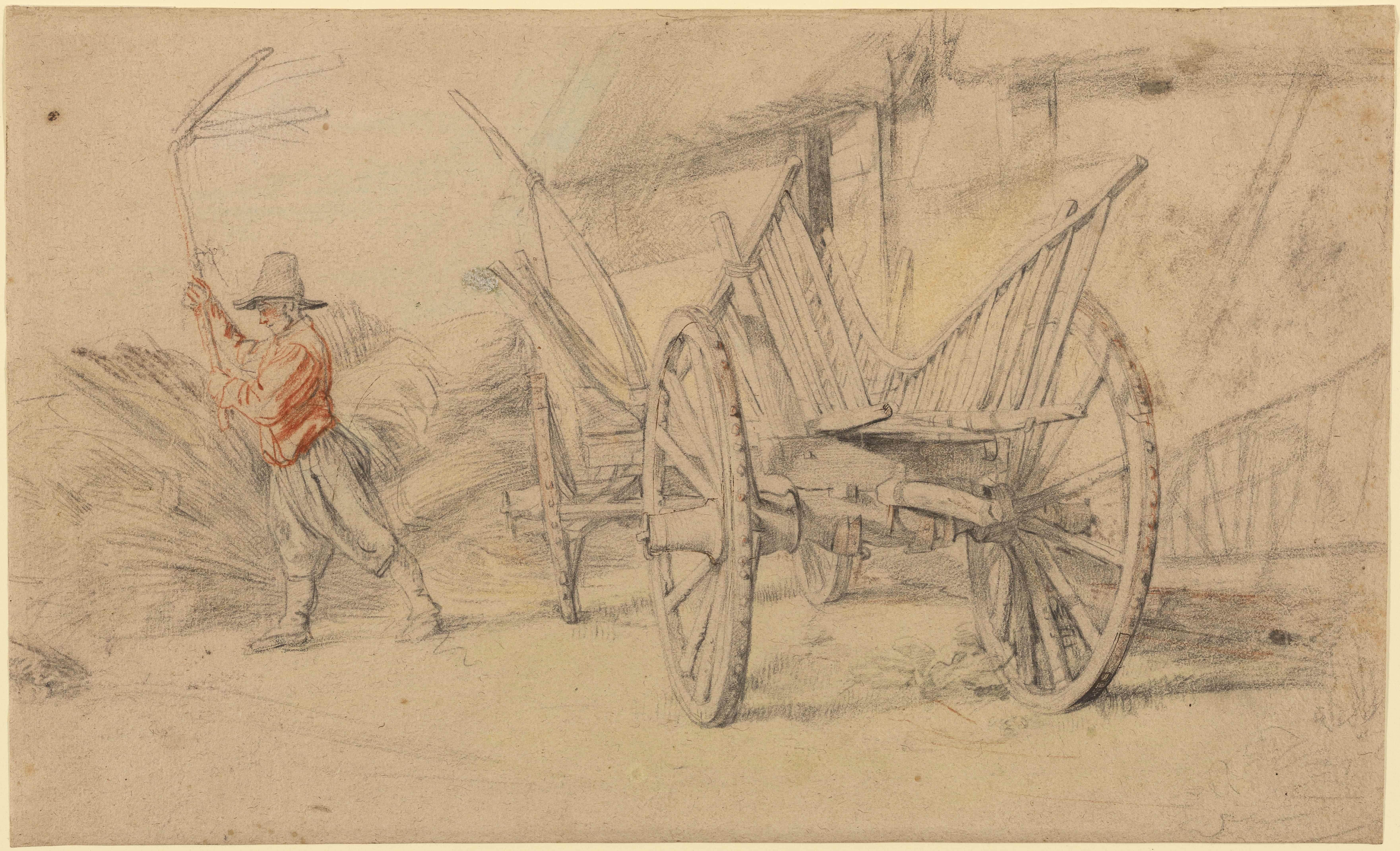 《一名男子在马车旁打谷，后面是农舍》（A Man Threshing Beside a Wagon, Farm Buildings Behind）｜彼得·保罗·鲁本斯 Peter Paul Rubens｜1615–1617