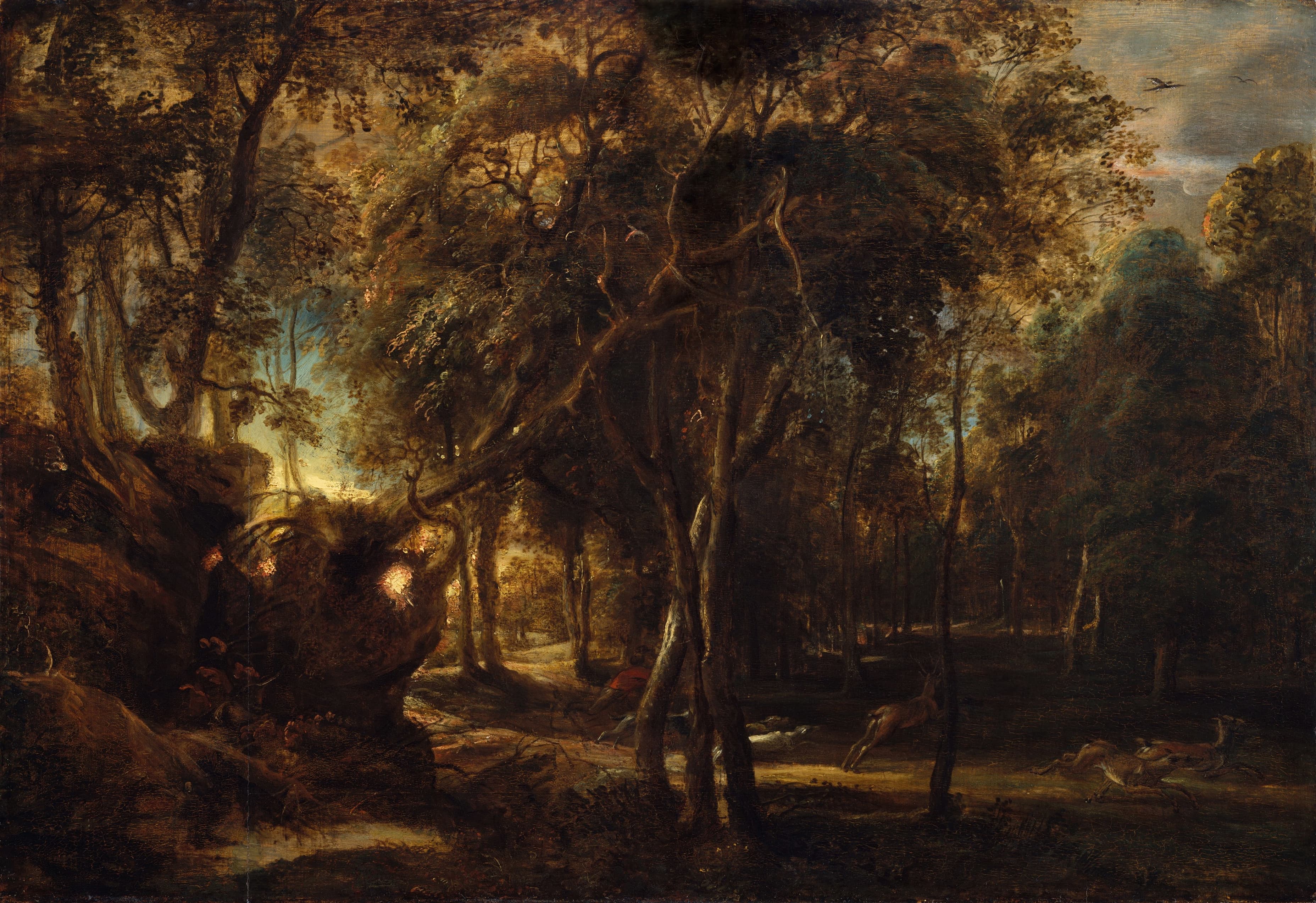 《黎明时分的森林与鹿狩猎》（A Forest at Dawn with a Deer Hunt）｜彼得·保罗·鲁本斯 Peter Paul Rubens｜约1635