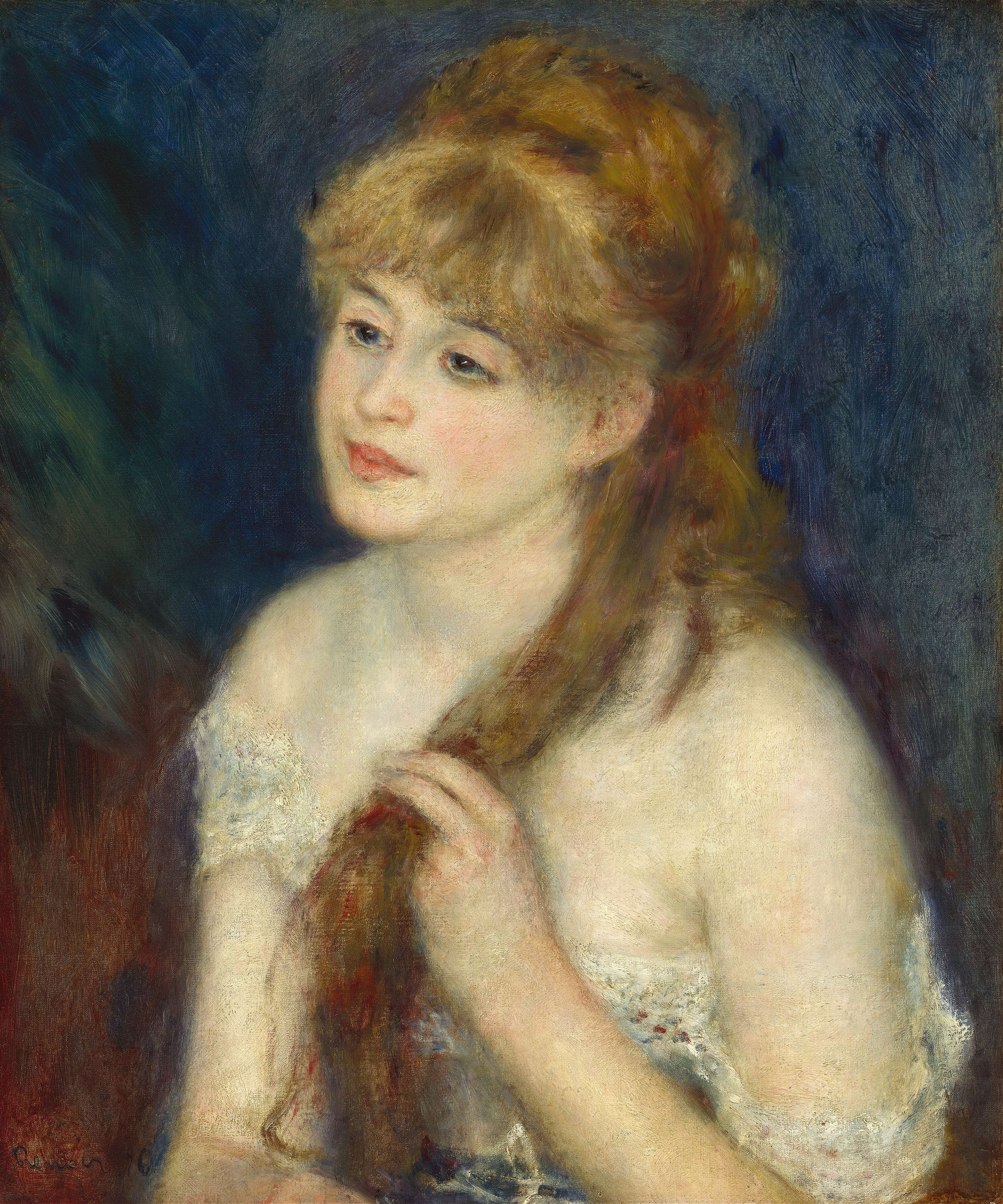 《年轻女子编辫子》（Young Woman Braiding Her Hair）｜皮埃尔-奥古斯特·雷诺阿 Pierre-Auguste Renoir｜1876