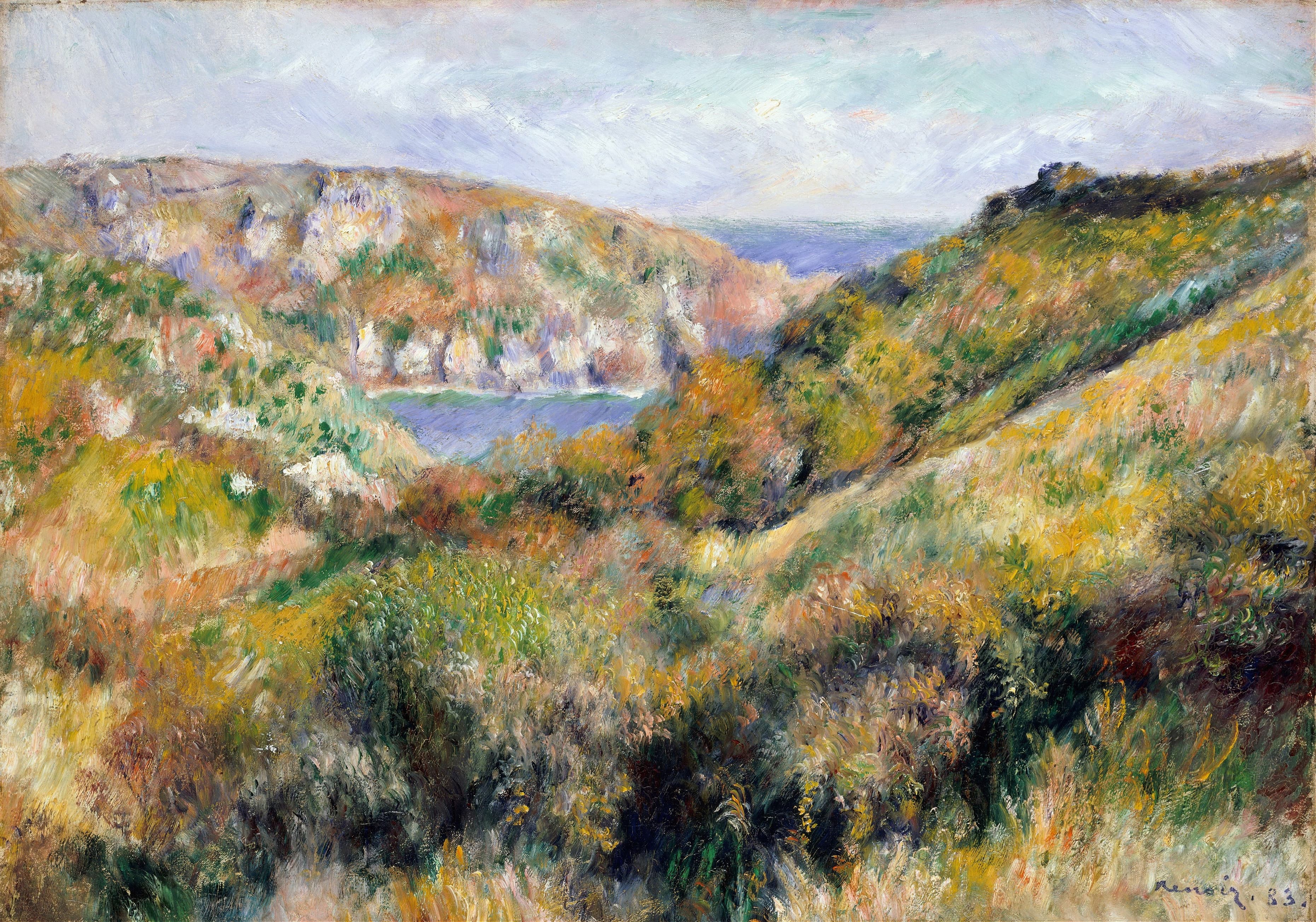 《根西岛 Moulin Huet 湾周围的山丘》（Hills around the Bay of Moulin Huet, Guernsey）｜皮埃尔-奥古斯特·雷诺阿 Pierre-Auguste Renoir｜1883
