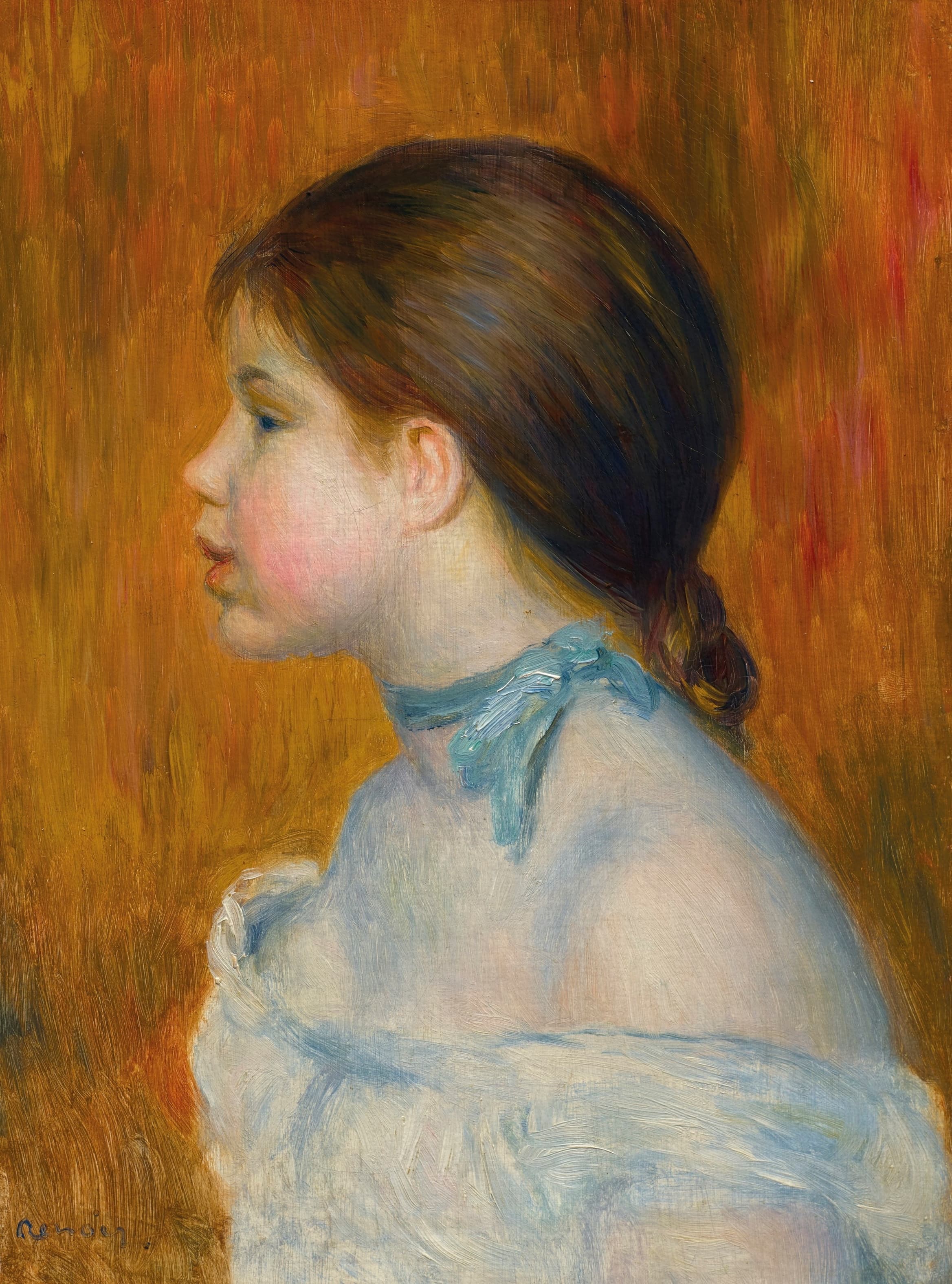 《带着蓝丝带的年轻女孩的半身像》（Bust of young girl with blue ribbon）｜皮埃尔-奥古斯特·雷诺阿 Pierre-Auguste Renoir｜1888