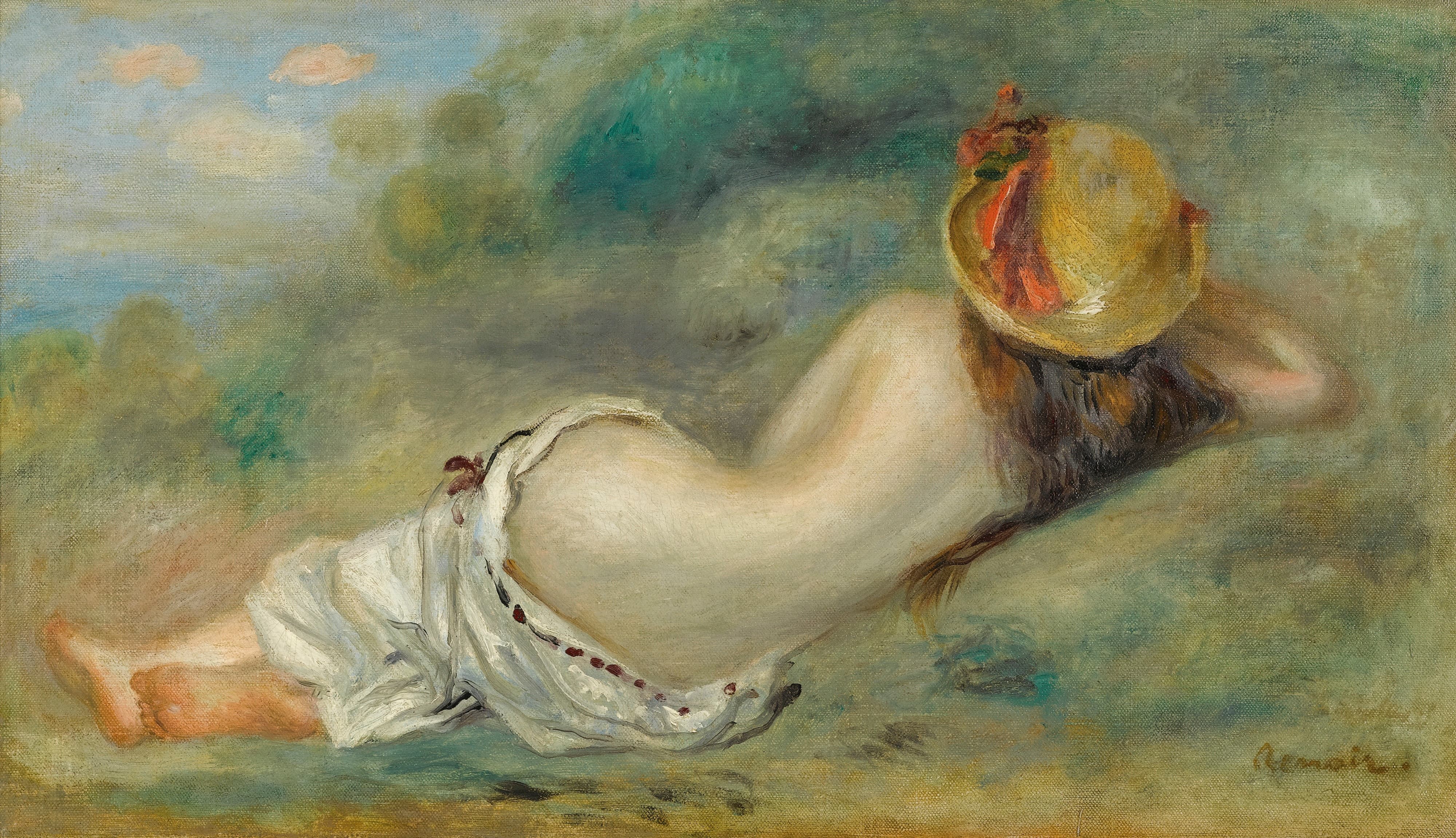 《沐浴者躺在金草帽女人躺在草地上》（Bather Lying Back With Gold Straw Hat Woman Lying On Grass）｜皮埃尔-奥古斯特·雷诺阿 Pierre-Auguste Renoir｜1892.